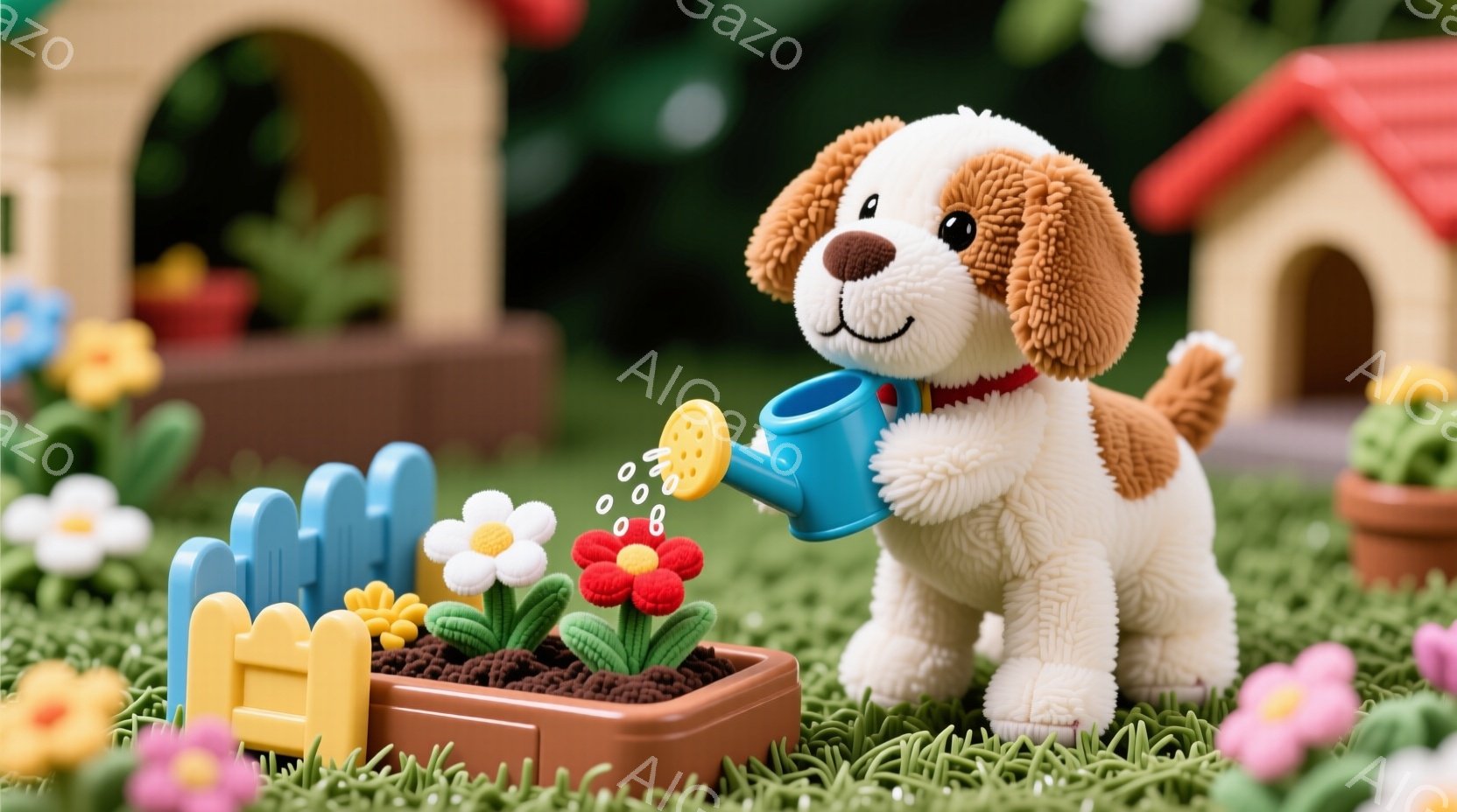 ふわふわの茶色と白の犬のぬいぐるみが、小さな花壇に水をやっています。青いフェンスで囲まれた花壇には、赤、黄、白の花が咲き、犬は嬉しそうに前足を伸ばして水やりを楽しんでいます。背景には可愛らしいプラスチック製の家と緑の芝生が広がり、春の穏やかな日差しのような温かい雰囲気が漂っています。