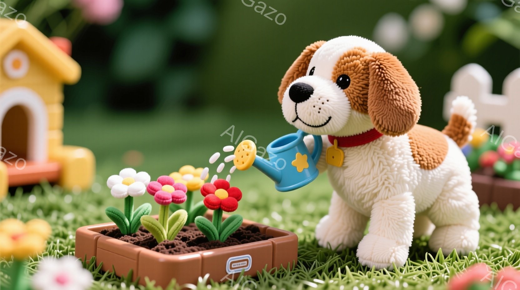 明るい緑色の芝生の上に、茶色と白のふわふわした犬のおもちゃが置かれています。犬は小さな水差しを使って、プラスチック製のプランターに植えられたカラフルな花に水をやっています。背景には、可愛らしいオレンジ色の家と、ぼやけた花々が見え、全体的に暖かく、遊び心のある雰囲気が漂っています。