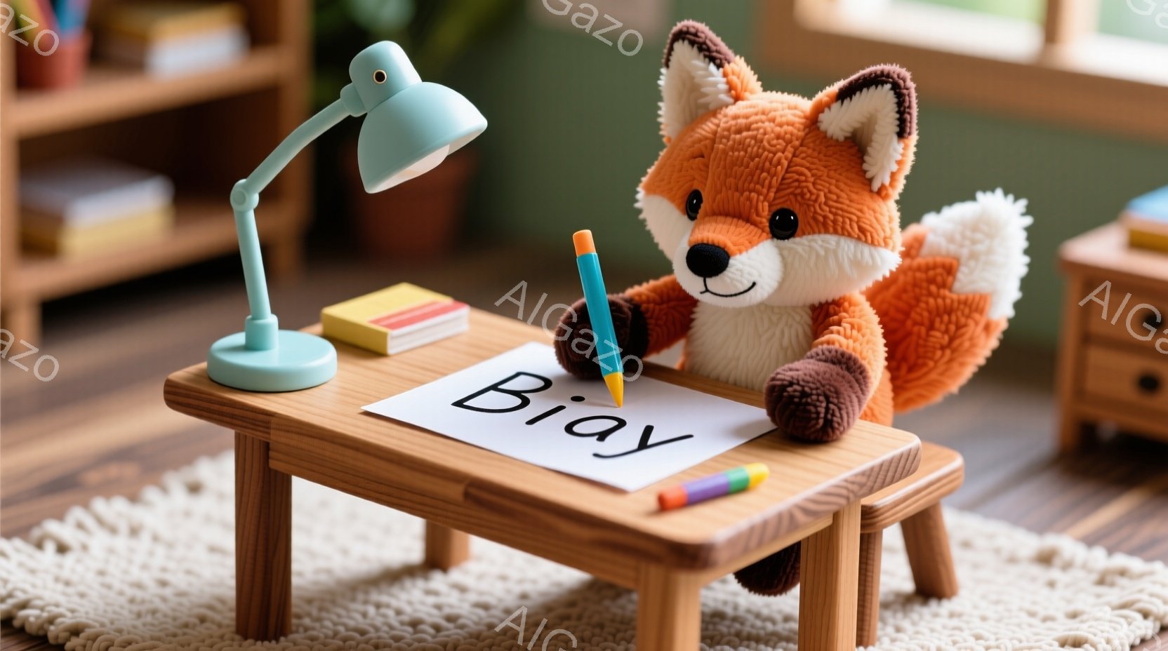 明るい室内で、オレンジ色のキツネのぬいぐるみがおもちゃの机で「BiaY」と書かれた紙に青いクレヨンで書き込んでいる様子が写っている。キツネは茶色の袖があり、集中した表情で筆記作業に臨んでいる。背景には、本や文房具が置かれた棚や、小さなカーペットが見え、暖かく遊び心のある雰囲気が漂っている。