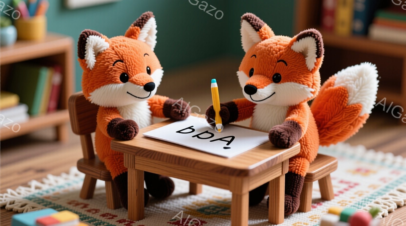ふわふわのオレンジ色のキツネのぬいぐるみ２匹が、小さな木製の机を挟んで向かい合って座っています。一匹は手に鉛筆を持ち、白い紙に「BDA」と書き、もう一匹は少し微笑んでいます。背景には、積み木や本棚が見え、明るく温かい雰囲気の室内で、遊び心あふれる様子が表現されています。