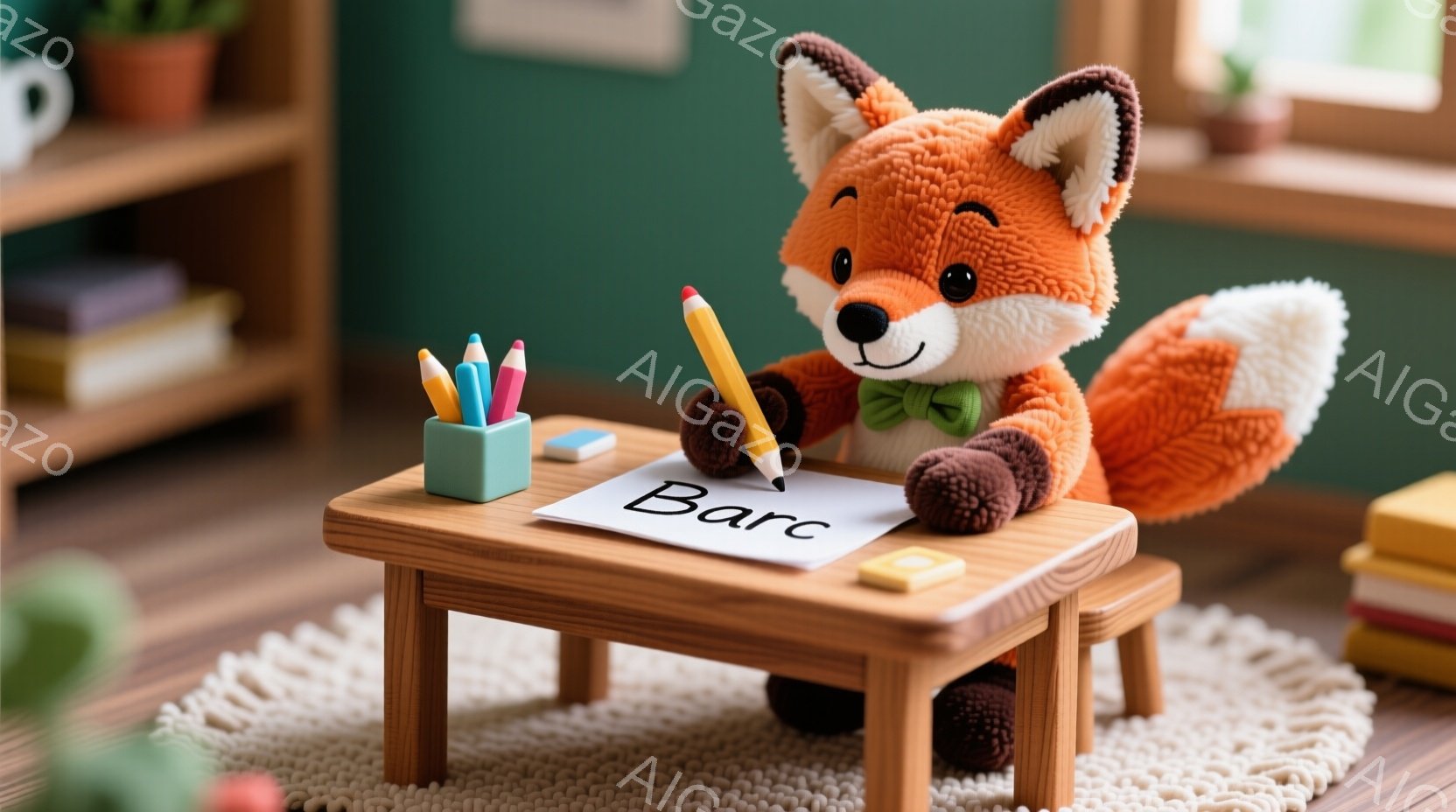 オレンジ色のキツネのぬいぐるみが、小さな木製の机で何かを書いている様子が写っている。キツネは緑のリボンで首を飾り、集中した表情で黄色い鉛筆を手にしている。背景には本棚と植物があり、暖かく、居心地の良い - AI生成フリー素材