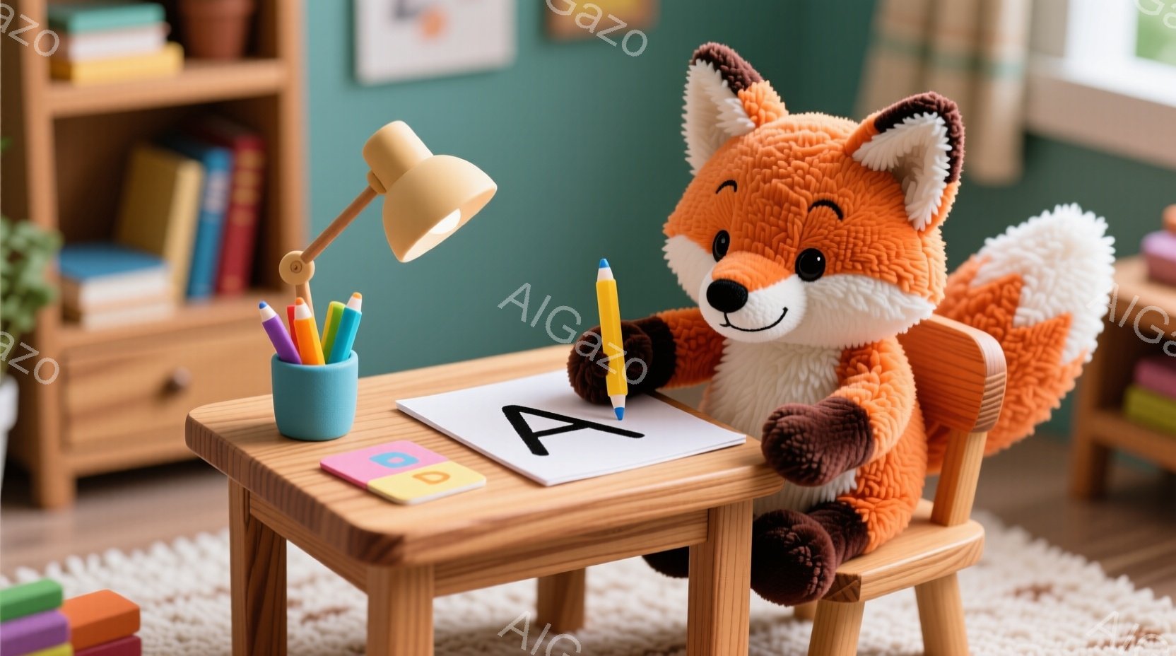 オレンジ色の毛並みのキツネのぬいぐるみがおもちゃのような小さな木製の机で勉強しています。机の上には、鉛筆、色鉛筆、そして「A」と書かれた紙があり、キツネは鉛筆を持って文字をなぞっているようです。背景に - AI生成フリー素材