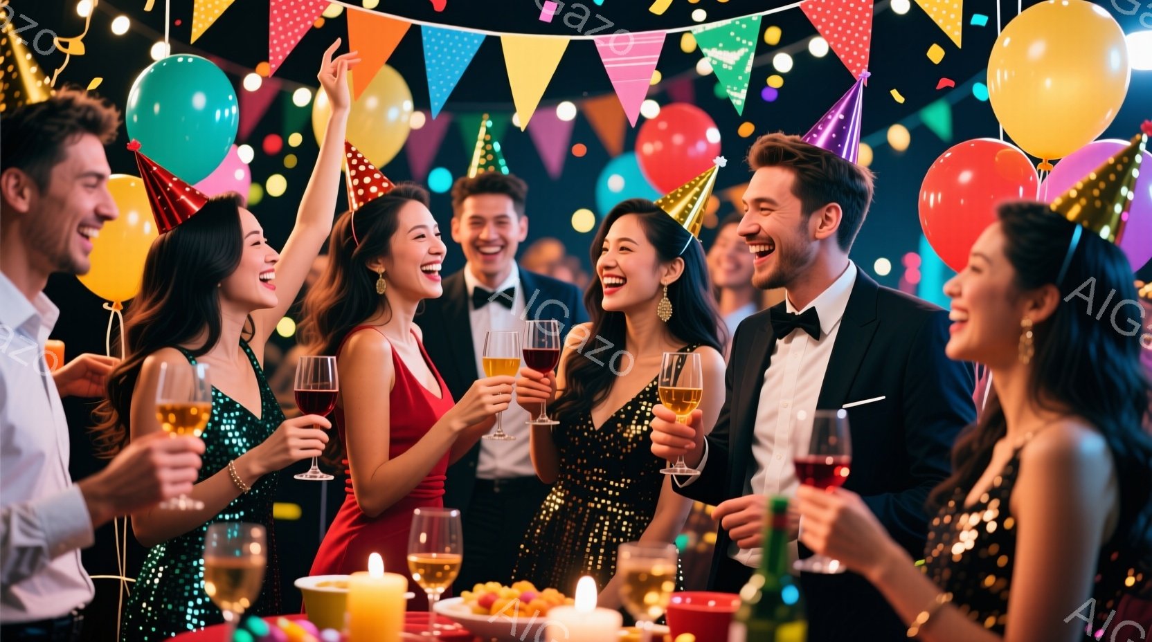 複数の人々がパーティーを楽しんでいる様子が写っている。女性たちは華やかなドレスを身につけ、男性はタキシード姿で、皆笑顔でワイングラスを手にしている。背景にはカラフルな旗や風船が飾られ、キャンドルが灯さ - AI生成フリー素材