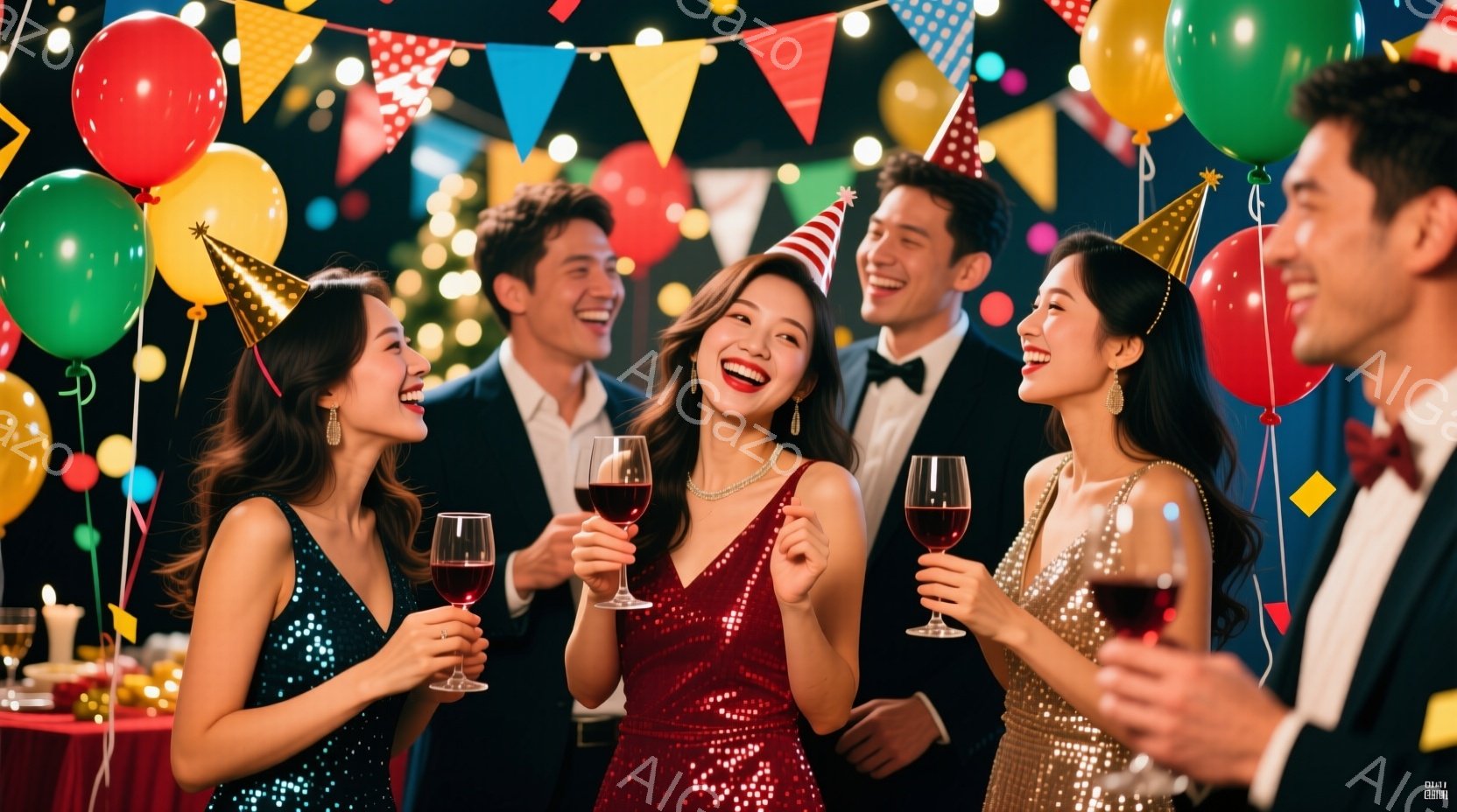 5人の若者がパーティーでグラスを掲げて楽しんでいます。女性はそれぞれネイビーブルーとキラキラしたドレスを着ており、男性はタキシードを着ています。背景にはカラフルな旗、風船、ぼやけた照明があり、華やかで - AI生成フリー素材