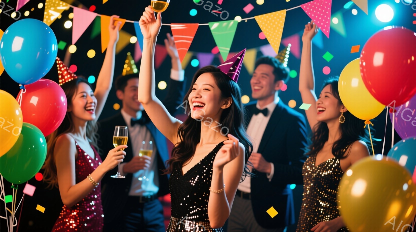 華やかなパーティー会場で、数人の人々が楽しんでいる様子が写っている。女性たちは華やかなドレスを身につけ、笑顔でグラスを掲げている。背景にはカラフルな旗や風船が飾られ、お祝いの雰囲気を盛り上げている。