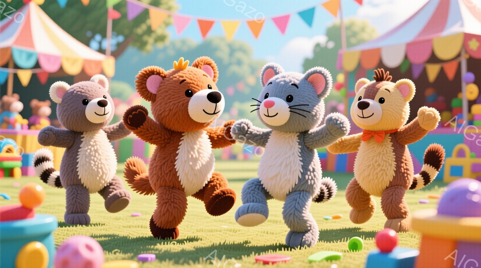 緑の芝生の上で手をつないで踊る、可愛らしいテディベアと猫のキャラクターが描かれています。テディベアはそれぞれ茶色、薄茶色、そして別の茶色をしており、首にカラフルなリボンを結んでいます。背景には、カラフ - AI生成フリー素材