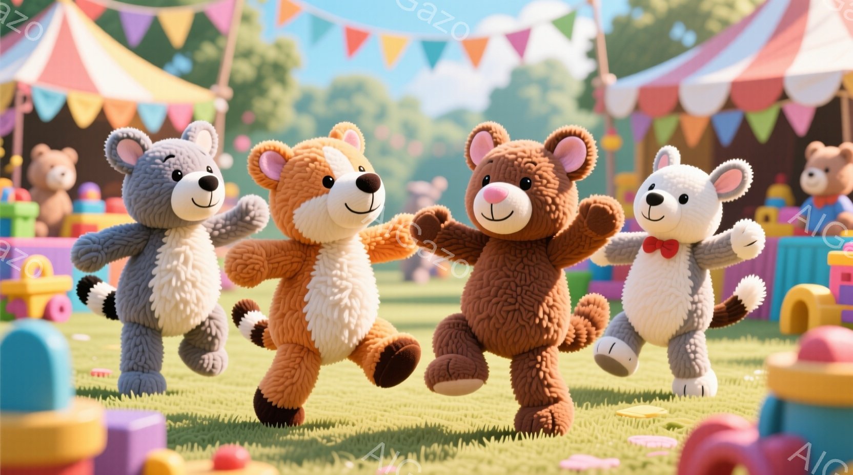 柔らかい毛並みのクマのぬいぐるみたちが緑の芝生の上を走っています。茶色、灰色、明るい茶色のクマたちは皆、腕を広げて楽しそうに走っており、赤いリボンを付けた白いクマもいます。背景にはカラフルな積み木や、明るい空と旗が飾られた遊園地のような場所が広がっており、全体的に陽気で可愛らしい雰囲気です。