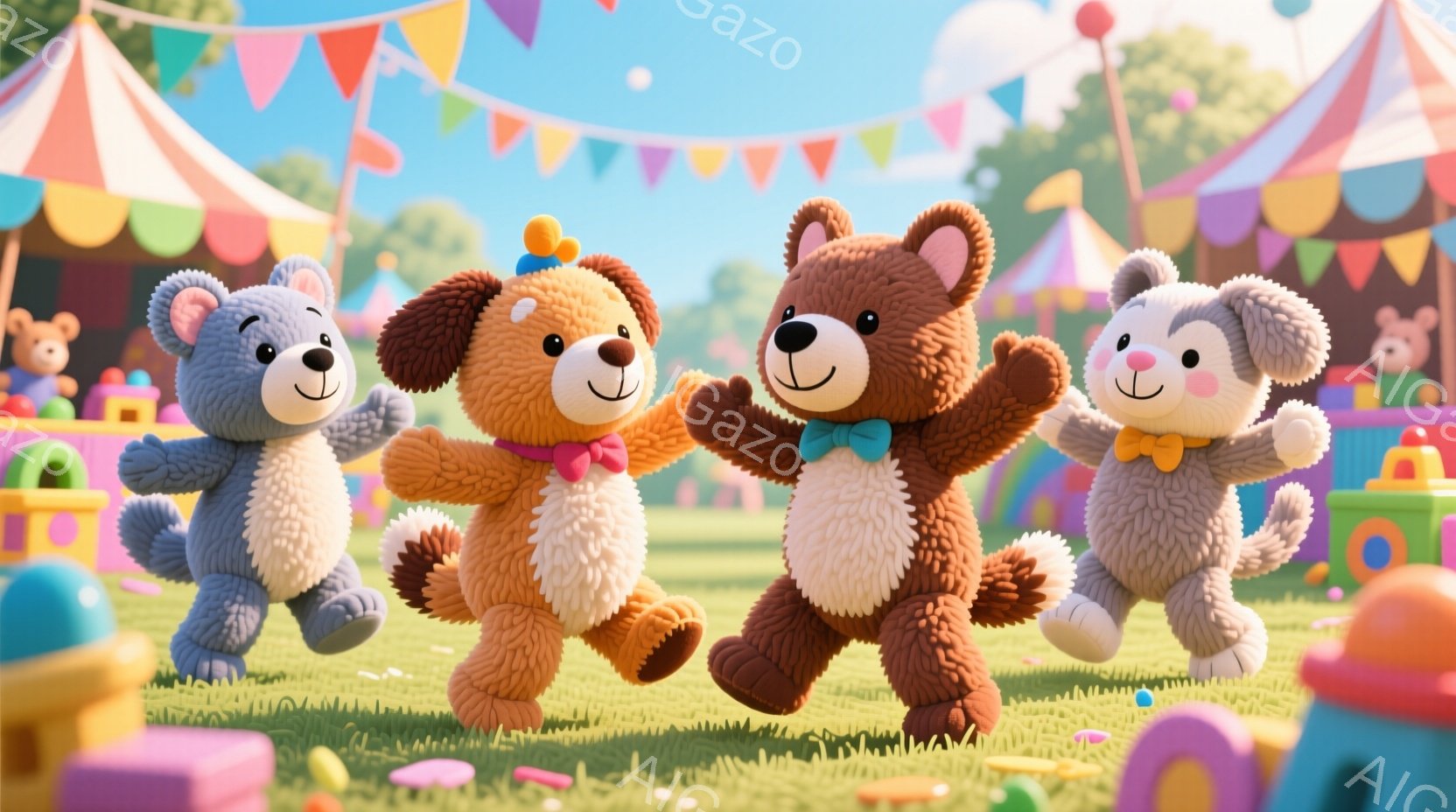 ふわふわのテディベアが四匹、草原を駆け抜けている様子が描かれています。それぞれ青色、茶色（2匹）、クリーム色のクマで、それぞれに異なる色のリボンや蝶ネクタイをつけています。背景にはカラフルな遊具や、旗が飾られたテントが見え、明るく陽気な雰囲気です。