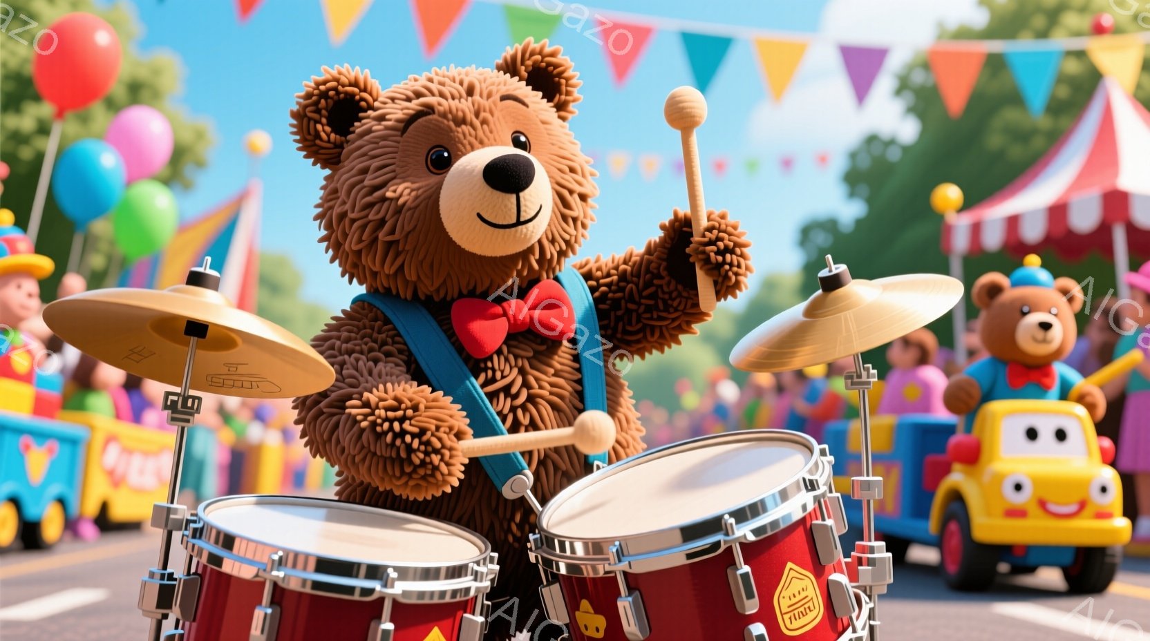 茶色のテディベアがドラムセットを演奏しています。赤い蝶ネクタイを締め、腕を上げてドラムを叩く姿は、楽しげで活気に満ちています。背景には色とりどりの車や風船、そしてパレードのような装飾が施されており、お祭りやイベントの賑やかな雰囲気を表しています。