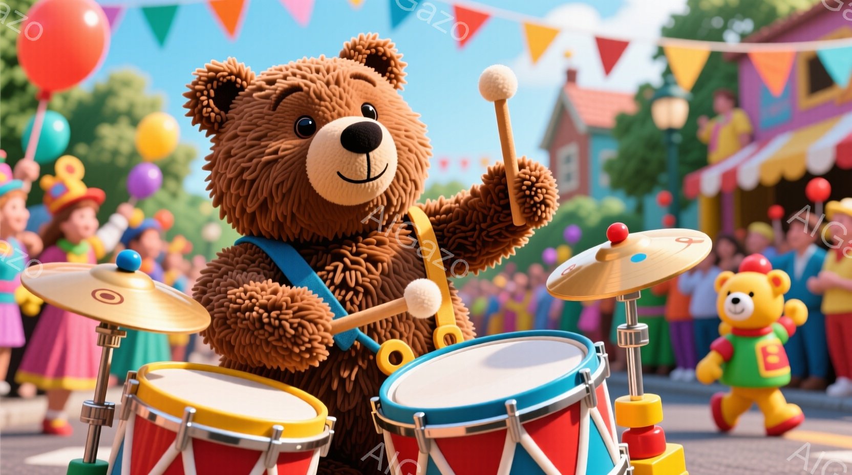 大きくてふわふわの茶色のクマがドラムセットを演奏しています。クマはサスペンダーを着ており、楽しそうな表情でドラムスティックを高く掲げています。背景にはカラフルな建物、観客、風船があり、お祭りやパレード - AI生成フリー素材
