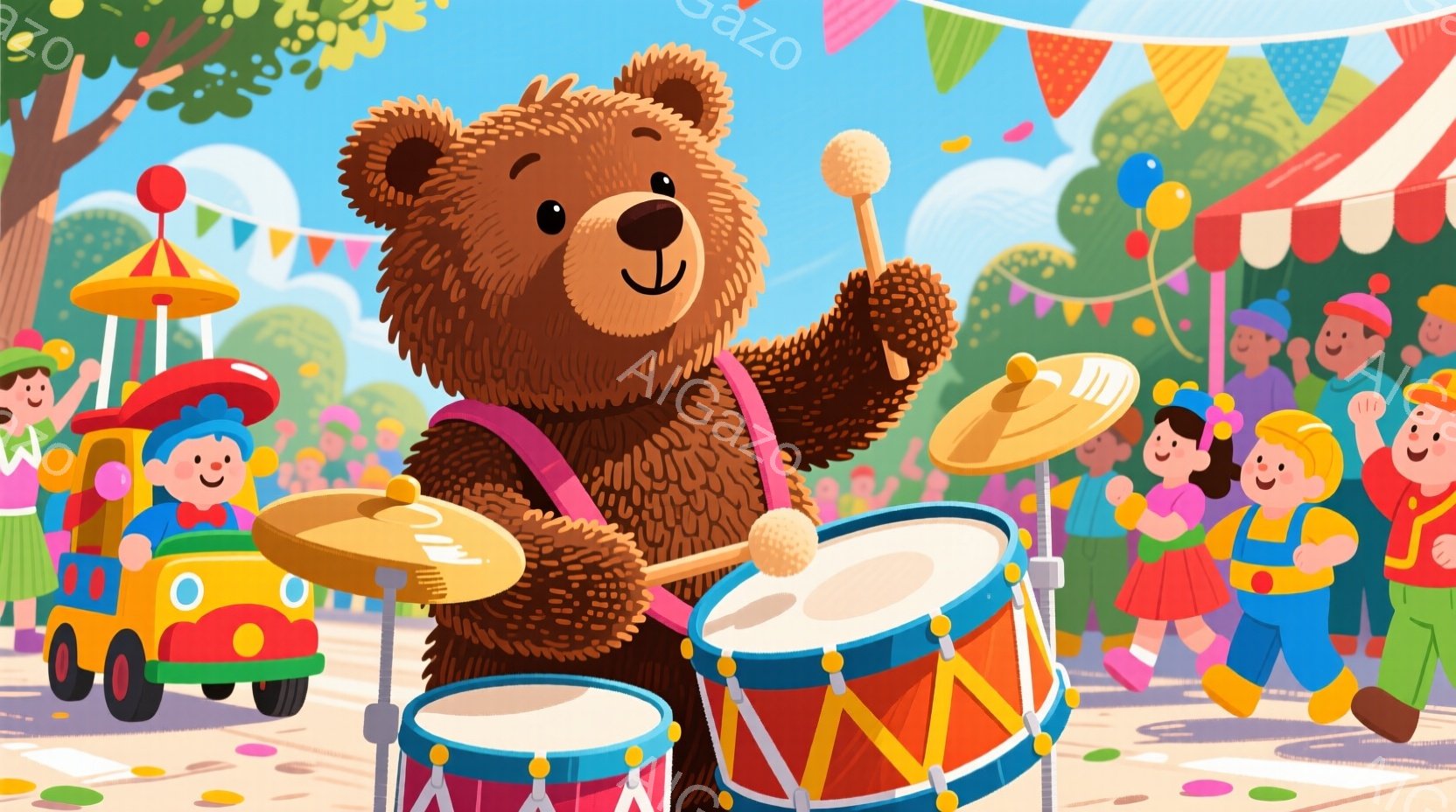 明るいお祭りの風景で、茶色のクマがドラムを演奏しています。クマは赤いサスペンダーを着ており、楽しそうにドラムを叩く姿は活気に満ちています。背景には、カラフルな車や人々がおり、ピンクと白のストライプのテントやカラフルな旗が飾られ、お祝いの雰囲気を高めています。