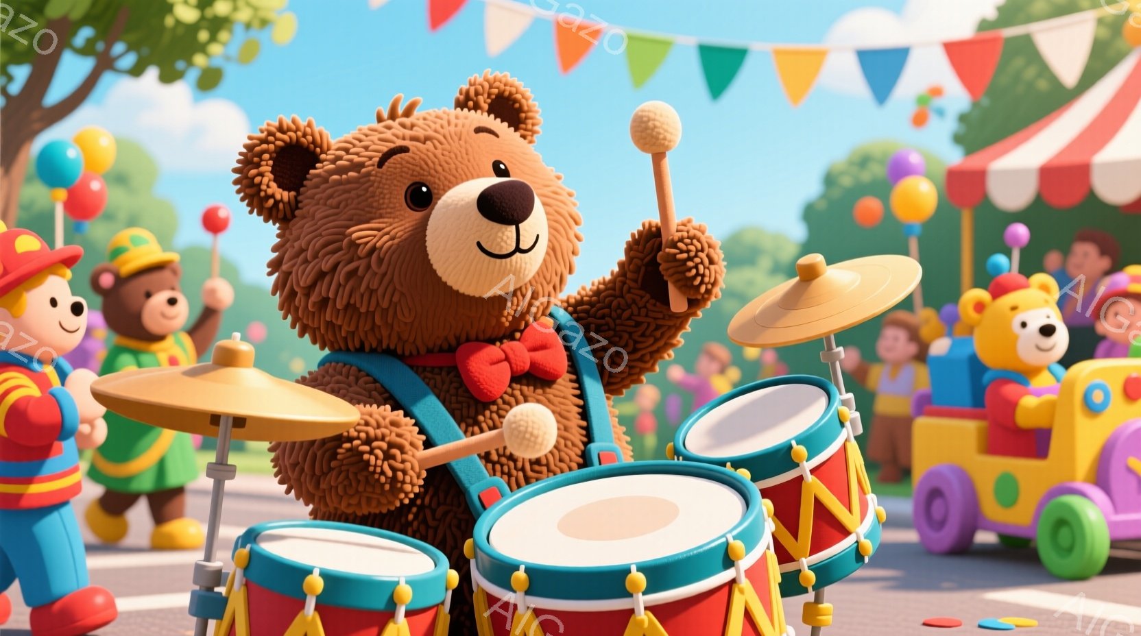 鮮やかな色彩の遊園地で、茶色のテディベアがドラムセットを力強く叩いています。赤い蝶ネクタイを締め、楽しげな表情で演奏に没頭しており、背景には風船やカラフルな乗り物、そして他のキャラクターたちがいます。 - AI生成フリー素材