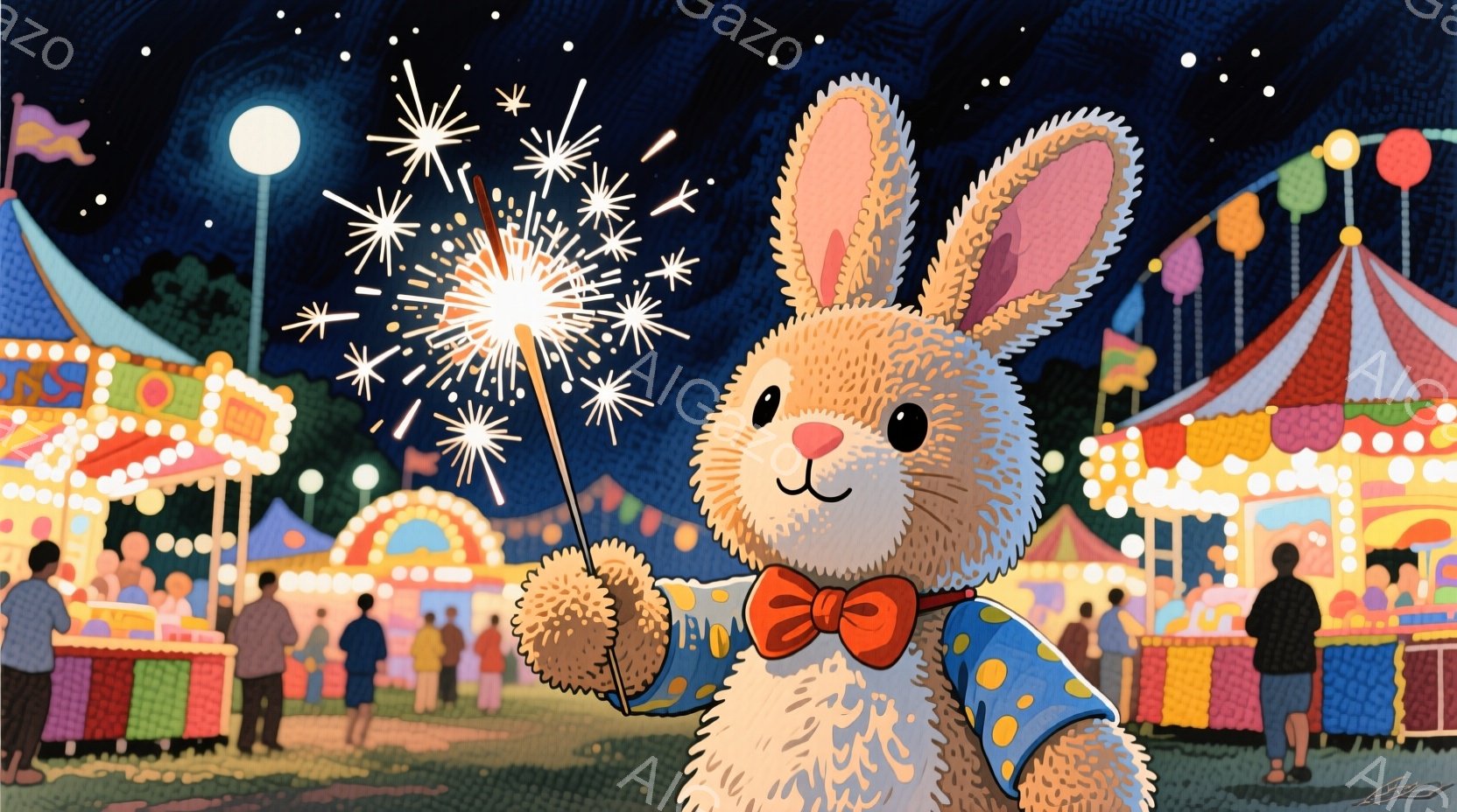 明るい遊園地の背景に、可愛らしいウサギが立っており、片手に花火を持っています。ウサギは水色の衣装に赤い蝶ネクタイをつけ、嬉しそうな表情をしています。背景には観覧車や屋台が見え、夜空には星が輝き、お祭り - AI生成フリー素材