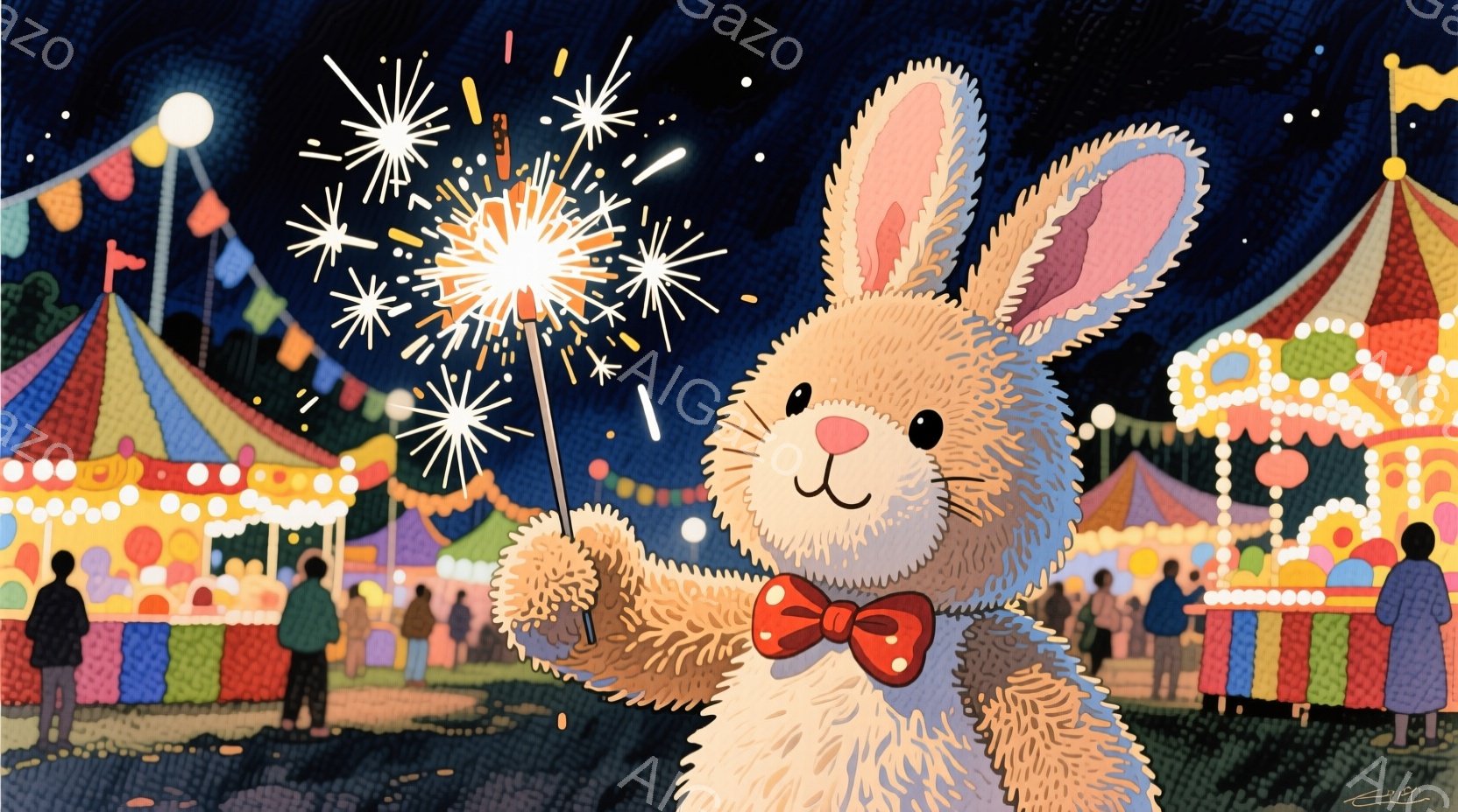 明るい遊園地の背景に、赤いリボンを付けたウサギが花火を持っている。ウサギは少し上目遣いで、楽しそうな表情で花火を見つめている。背景には、カラフルな屋台や観覧車、そして楽しむ人々の姿があり、夜空には星が - AI生成フリー素材