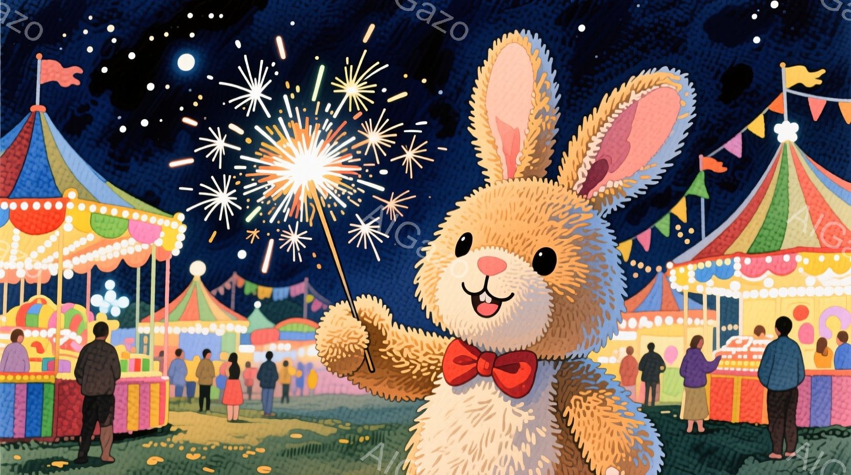大きな毛並みのウサギが、赤いリボンをつけ、片手に花火を持って立っている。背景には、カラフルなストライプのテントや、人々が集まる屋台が並び、夜空には星と花火が散りばめられている。全体的に、温かく、楽しげ - AI生成フリー素材