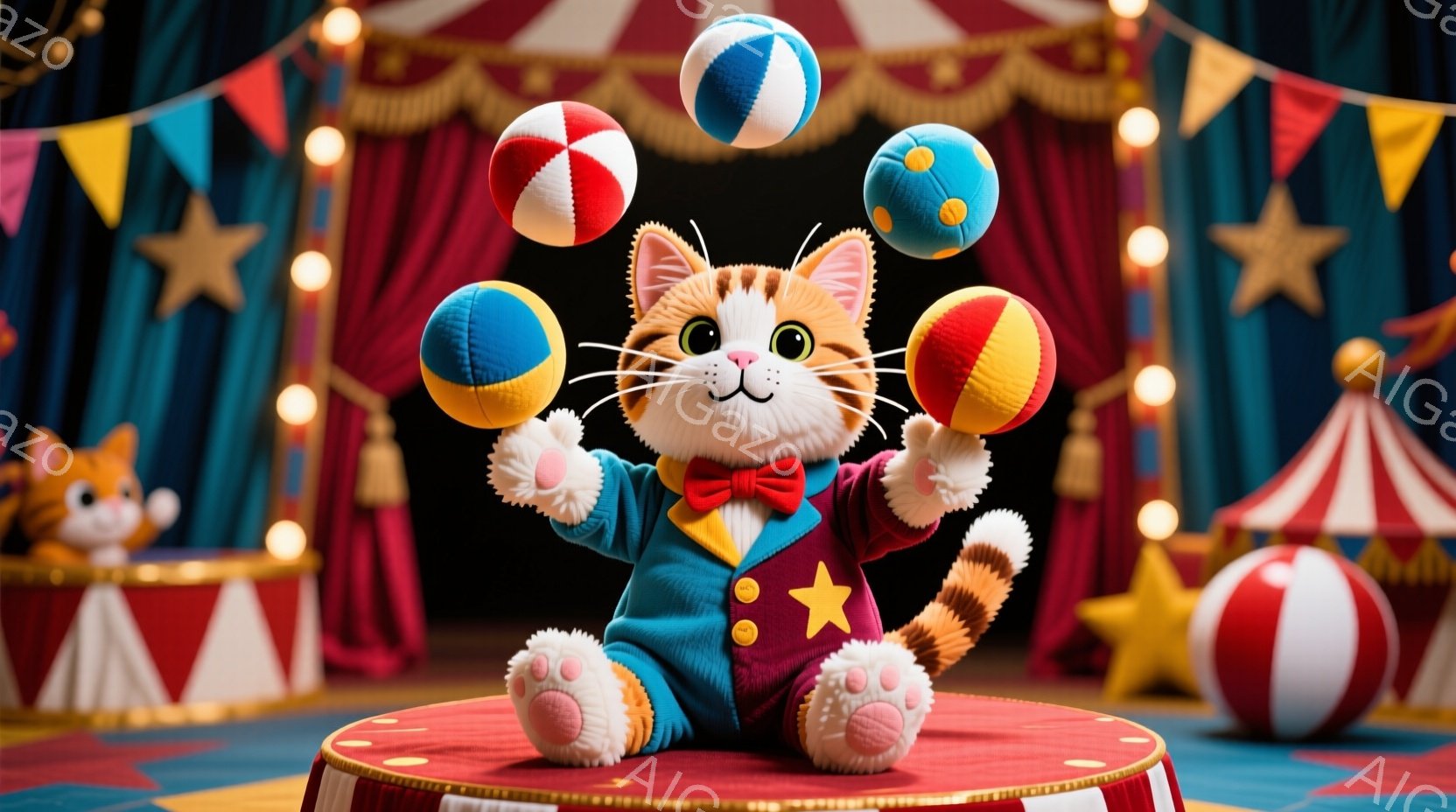 縞模様の猫がサーカスの舞台上で、赤、青、黄色のボールを巧みに操っています。鮮やかな青いジャケットに星形のボタンが輝き、足元にはパステルピンクの可愛らしい靴を履いています。背景には赤い縞模様のテントや金色の星が飾られ、楽しいサーカスの雰囲気を醸し出しています。