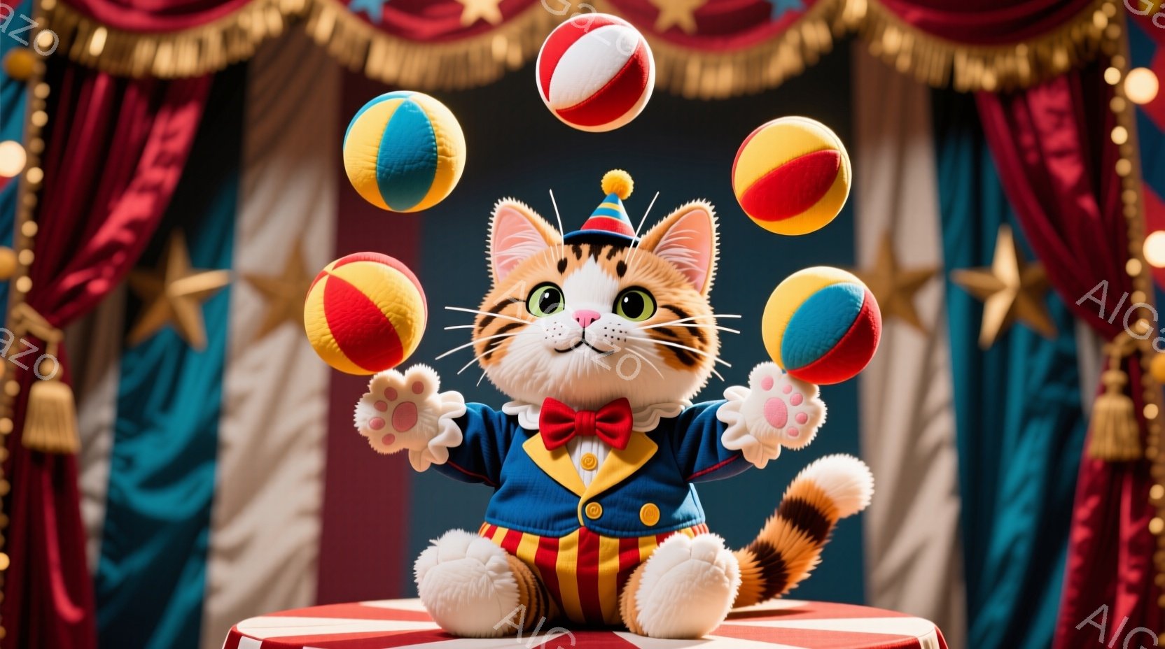 愛らしい猫が、サーカスの衣装を着て、3つのカラフルなボールを空中でジャグリングしています。青いジャケットに赤いボウタイ、黄色のズボンという衣装を身につけ、頭には小さな帽子をかぶっています。背景には赤いカーテンと金色の星が散りばめられており、全体的に陽気で楽しい雰囲気です。