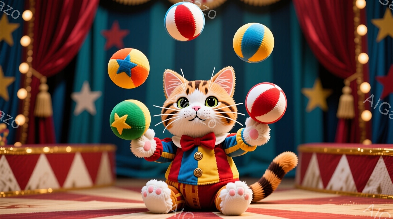 明るいサーカスの舞台で、オレンジ色のオーバーオールと赤い蝶ネクタイをつけた猫が、カラフルなボールを巧みに操っています。猫は、前足でボールを積み上げ、楽しそうな表情で観客を見つめており、その姿はまるで熟 - AI生成フリー素材