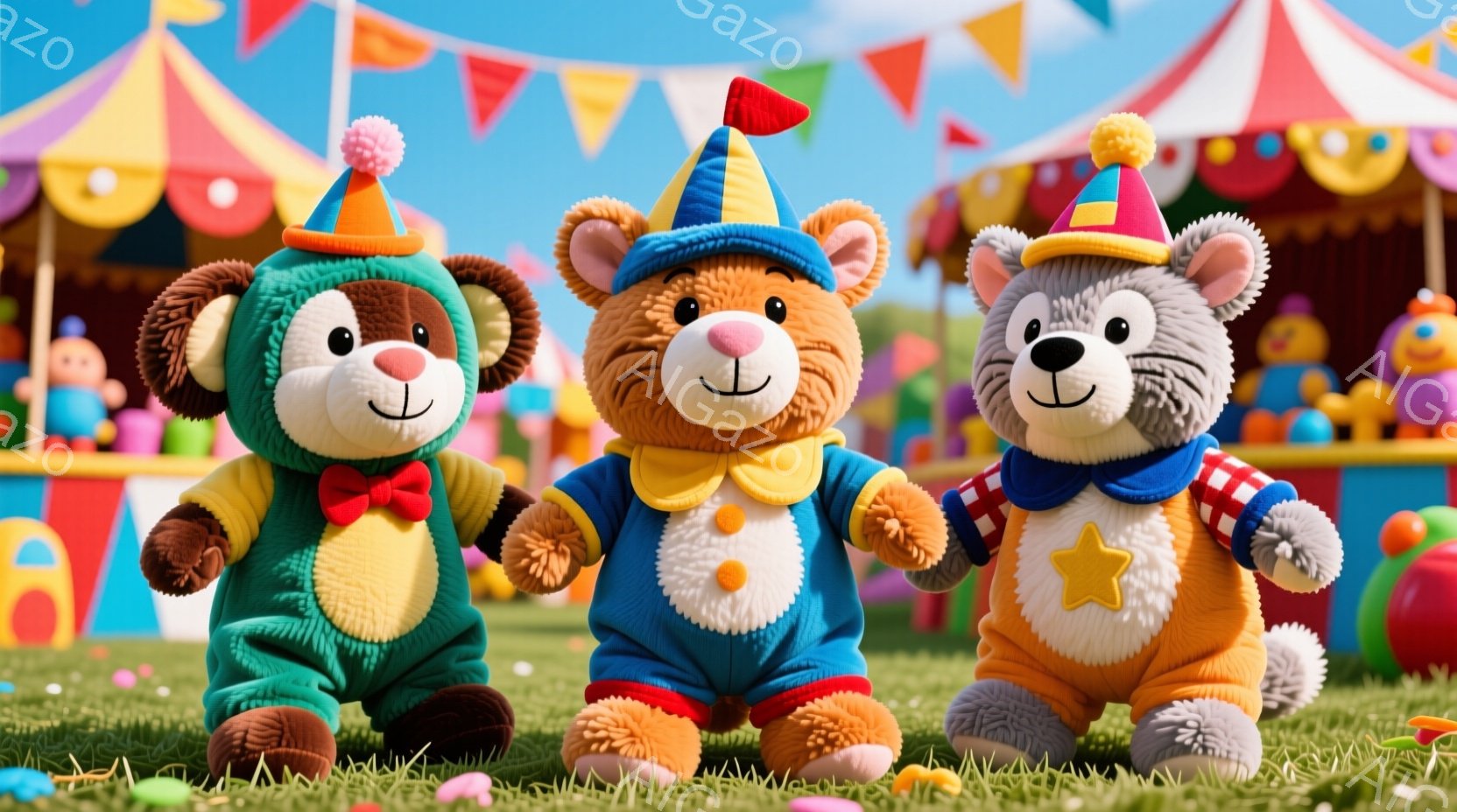 ３匹のテディベアが、カラフルなピエロの衣装を着て、手をつないで並んでいます。背景には、遊園地のカラフルな装飾や、お菓子のようなオブジェクトが散りばめられており、陽気な雰囲気を醸し出しています。鮮やかな - AI生成フリー素材