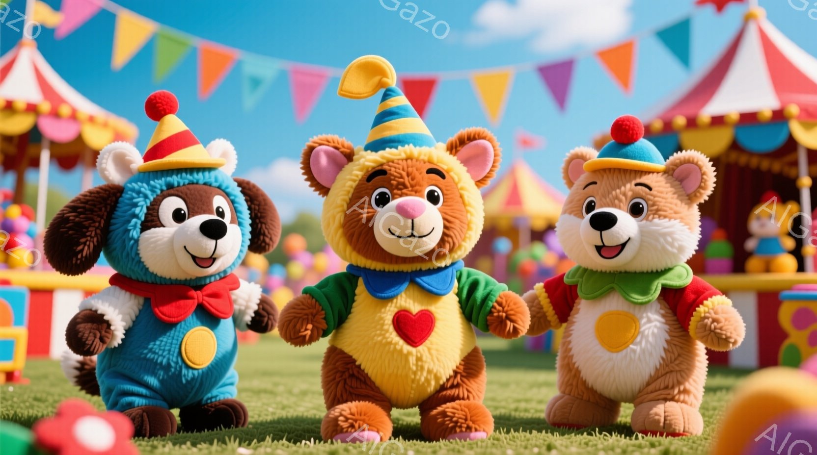 明るい緑の芝生の上に、青い服を着た犬のキャラクター、そして茶色のクマのキャラクターが2体並んで立っています。彼らは皆、カラフルなストライプの帽子をかぶり、それぞれ赤いリボンまたは緑のリボンを身に着けており、楽しそうな表情をしています。背景には、カラフルなテントや遊具が見え、陽気な祭りの雰囲気を感じさせます。