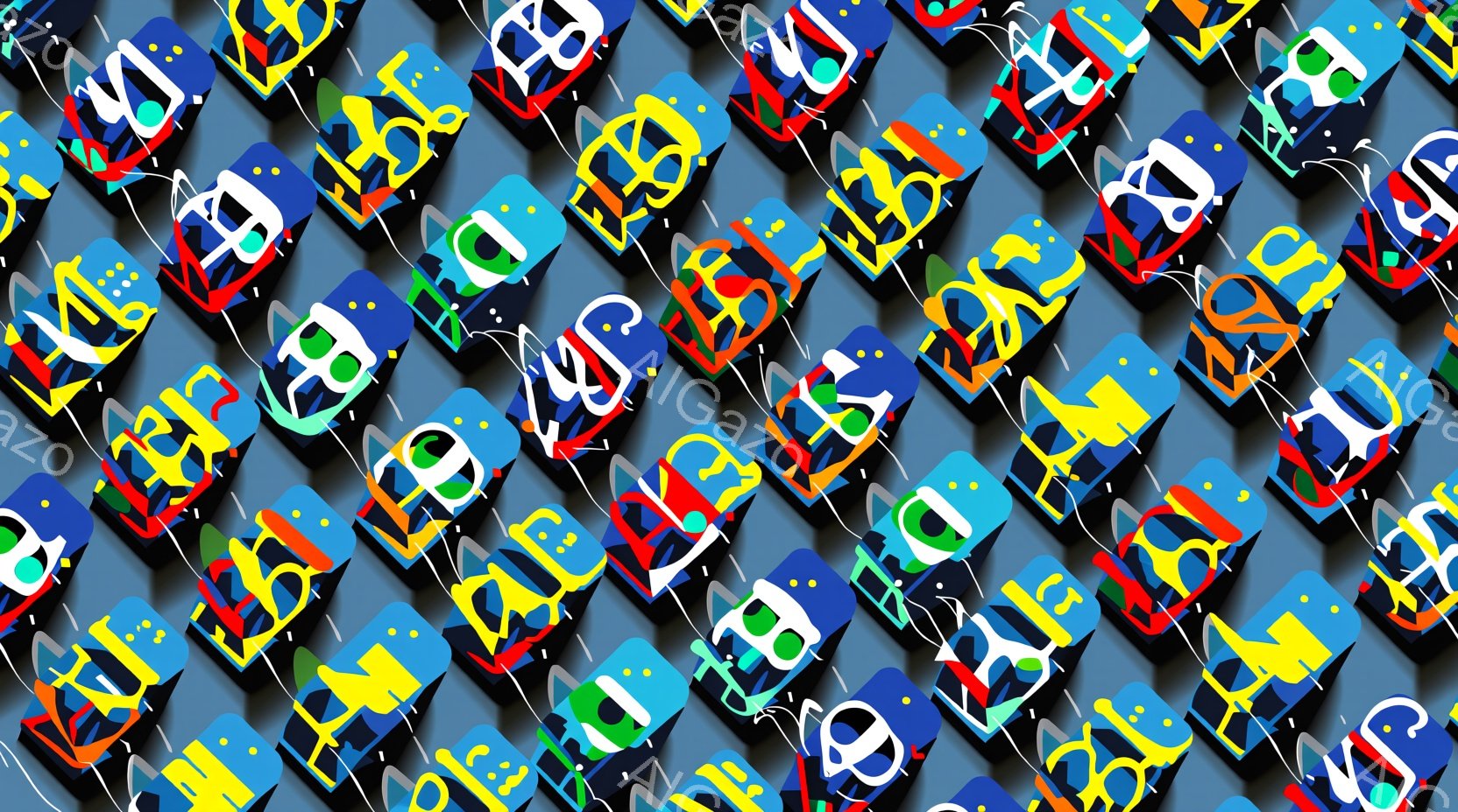 アルファベットの大文字が規則的に並んだパターンで構成されています。各文字は鮮やかな色で強調され、背景は青みがかったグレーで、文字が際立っています。全体的に、幾何学的でカラフルな抽象的な構成が印象的です。