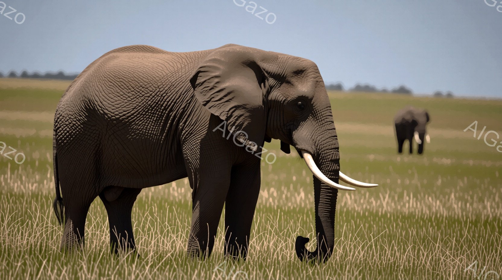 広大なサバンナの中に、大きなアフリカゾウが立っている。ゾウは長い牙を持ち、鼻で草を掴んでいる。背景には遠くに見えるもう一頭のゾウと、乾燥した草原が広がり、晴天の下、穏やかな雰囲気が漂っている。