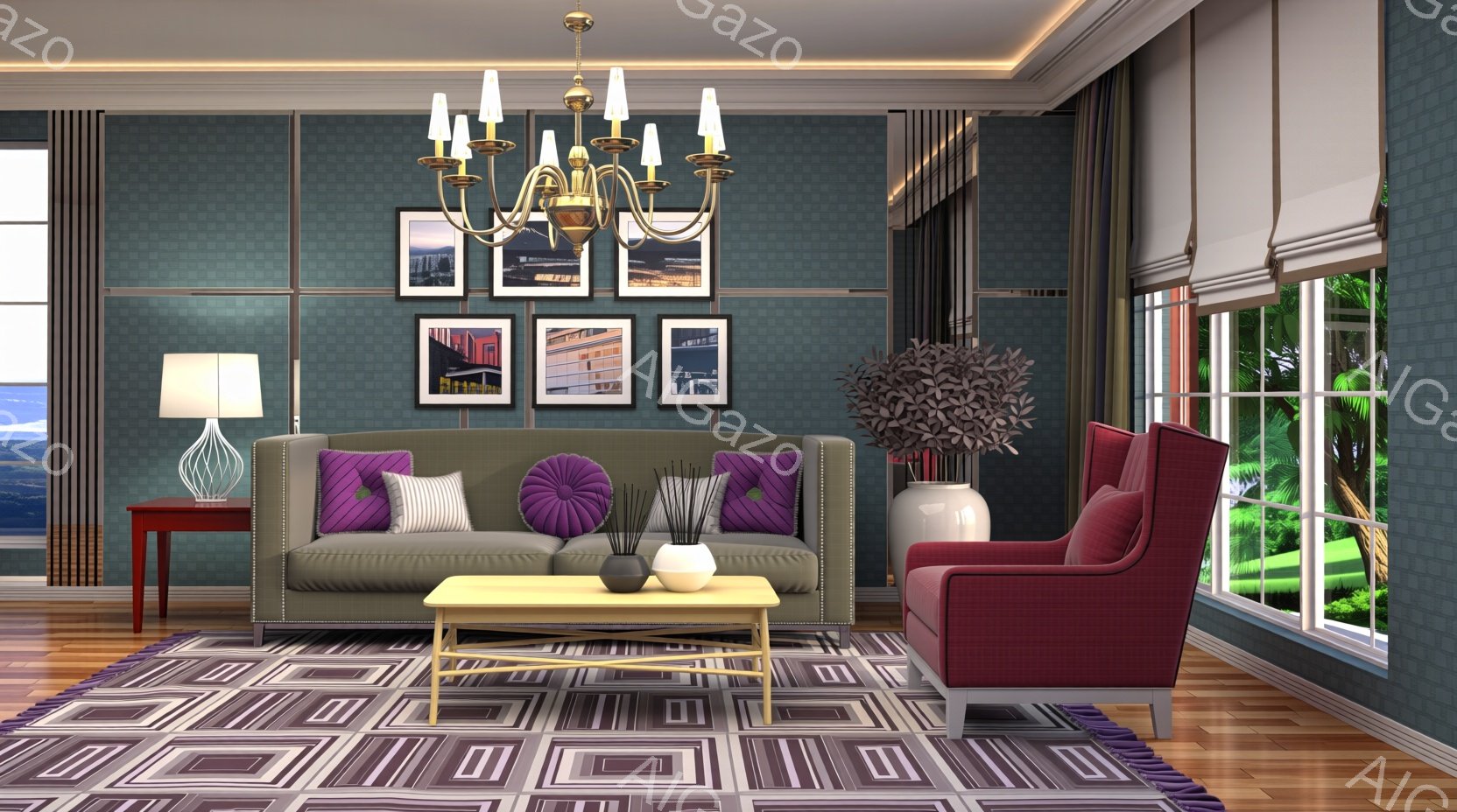 落ち着いたブルーグレーの壁が特徴的なリビングルームで、モダンな家具が配置されています。ソファーには紫色や白とグレーのストライプのクッションが置かれ、床には幾何学模様のラグが敷かれています。大きな窓からは緑豊かな植物が見え、優雅で洗練された雰囲気を醸し出しています。