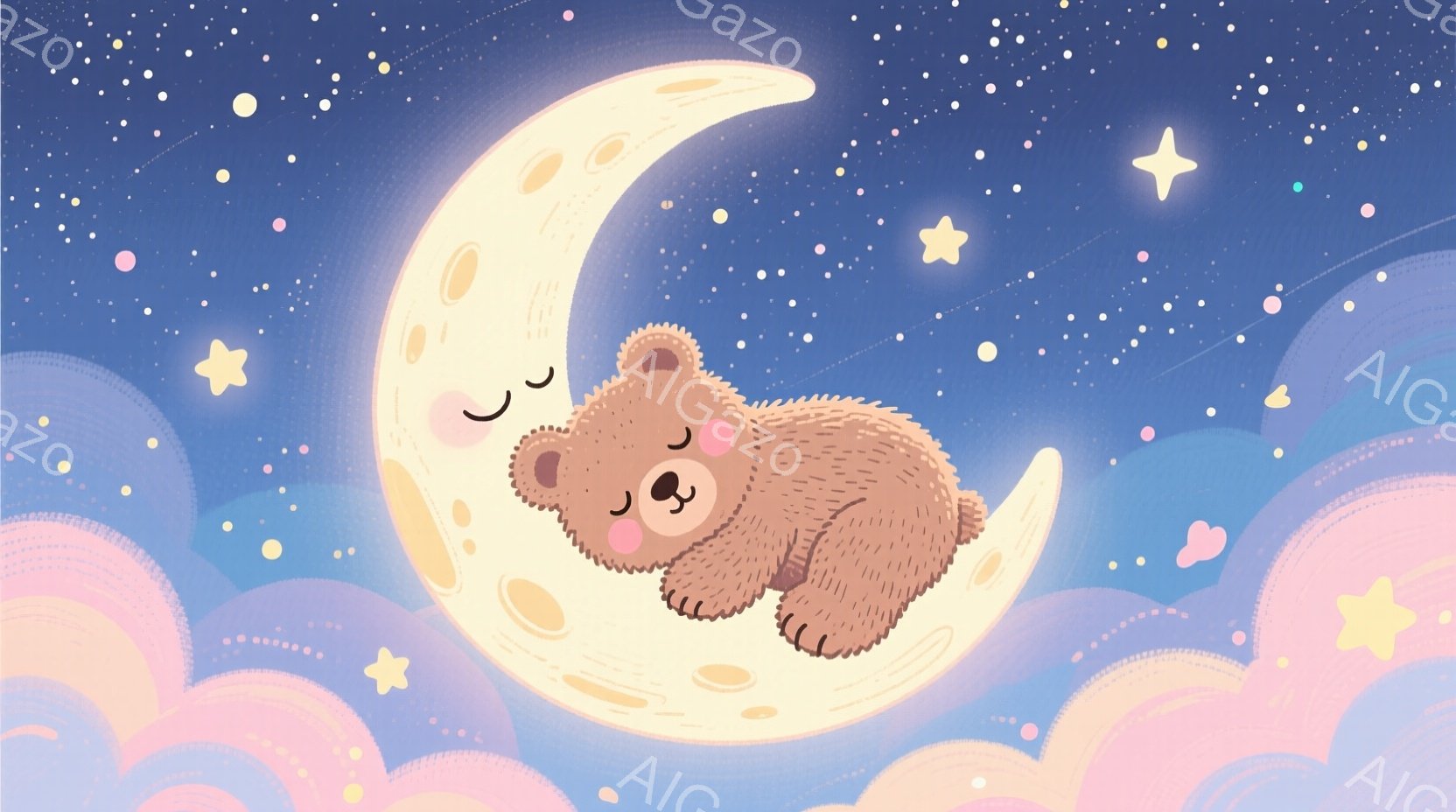 茶色のクマが三日月の上で丸まって眠っています。背景はパステルカラーの雲と星で満たされ、穏やかで夢のような雰囲気を作り出しています。全体的に可愛らしく、リラックスした夜空のイメージです。