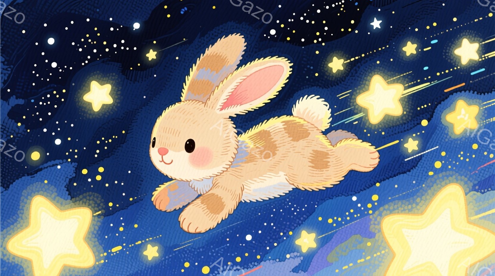 星空を背景に、ふわふわとした茶色のうさぎが空を飛んでいる様子を描いています。うさぎは短い足で空を蹴りながら、嬉しそうな表情で前方を向いています。背景には様々な大きさの黄色い星が散りばめられ、明るく幻想 - AI生成フリー素材