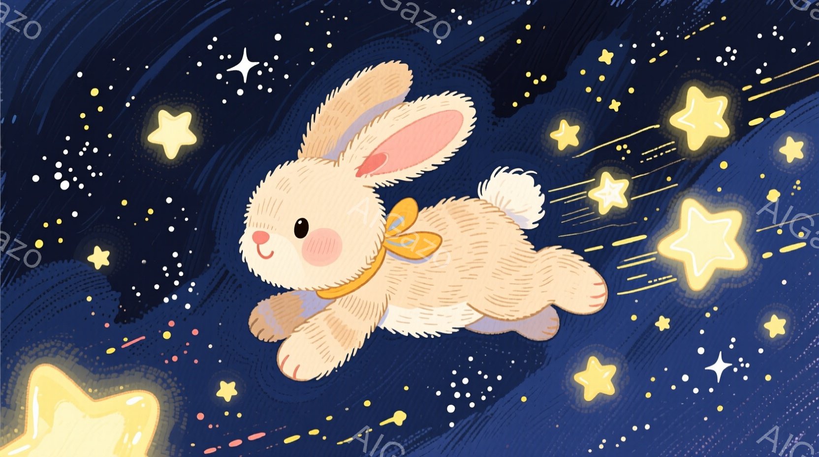 明るい黄色い光の星が散りばめられた濃い青色の背景を、クリーム色のふわふわとしたウサギが飛び跳ねています。ウサギは赤い頬を持ち、黄色いリボンをつけており、楽しそうに前を見つめています。背景には、星のような光の線がウサギの周りに散らばり、夢のような雰囲気を醸し出しています。