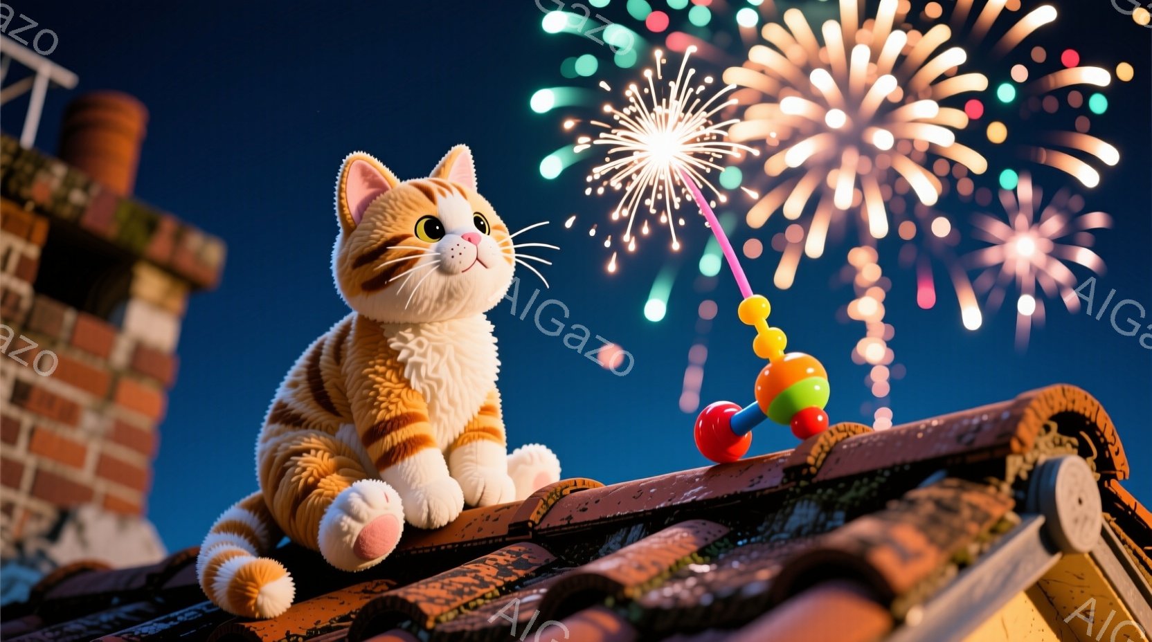 オレンジ色の縞模様の猫が、瓦屋根の上に座って前方を向いています。猫は丸い目で好奇心旺盛な表情を浮かべており、手にカラフルな玩具を持っています。背景には夜空が広がり、鮮やかな花火が打ち上げられています。