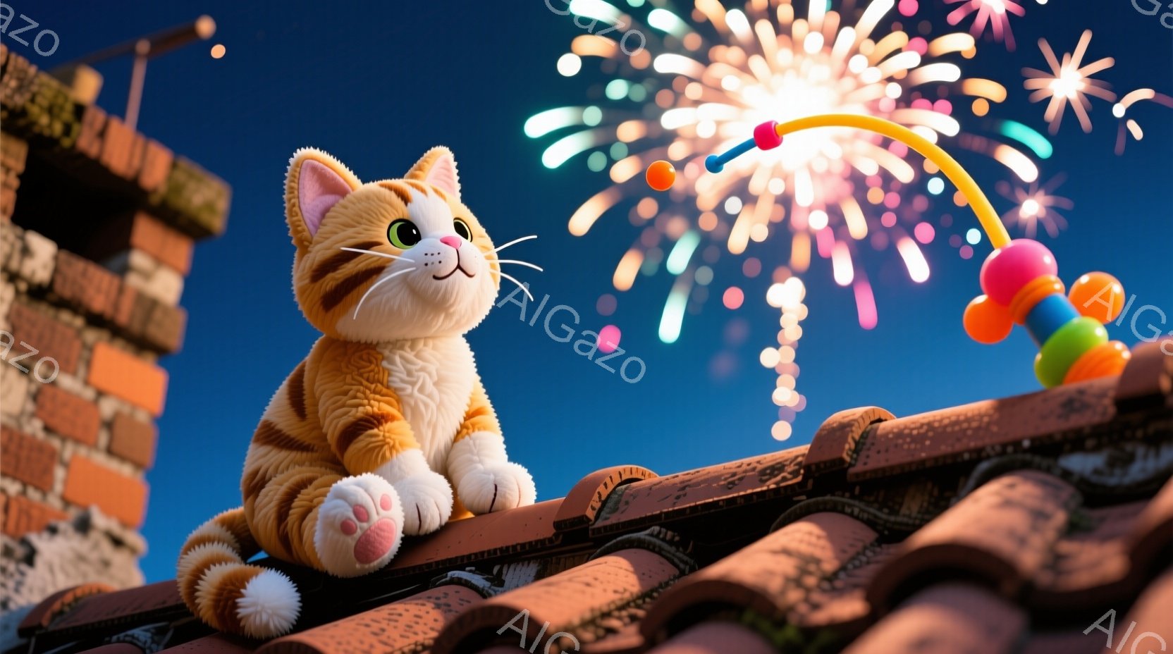 屋根の上に座っている茶色と白の縞模様の猫がいます。猫は前足を伸ばし、空に打ち上げられた花火を見上げています。背景には青い夜空とレンガ造りの建物があり、お祭りのような、華やかな雰囲気が漂っています。 - AI生成フリー素材