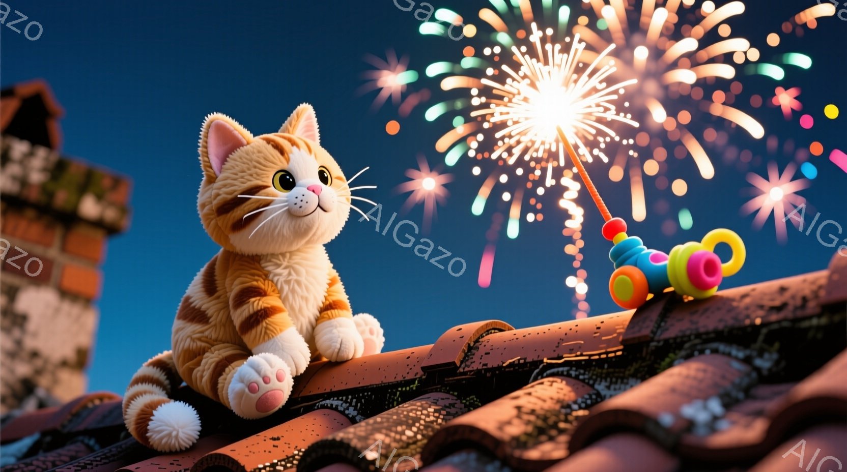 屋根の上に座っているオレンジ色の縞模様の猫が描かれています。猫は前足を伸ばし、うっとりとした表情で花火を見上げています。背景には夜空と、花火が咲き誇る様子が描かれ、暖かく幻想的な雰囲気が漂っています。