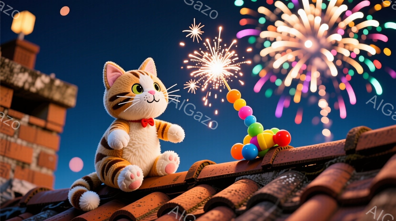 屋根の上に座っているのは、オレンジと白の縞模様の猫のぬいぐるみです。赤いリボンを首に巻き、楽しげな表情で、カラフルなボールが屋根の上を這っています。背景は夜空で、花火が打ち上げられ、温かく幻想的な雰囲 - AI生成フリー素材