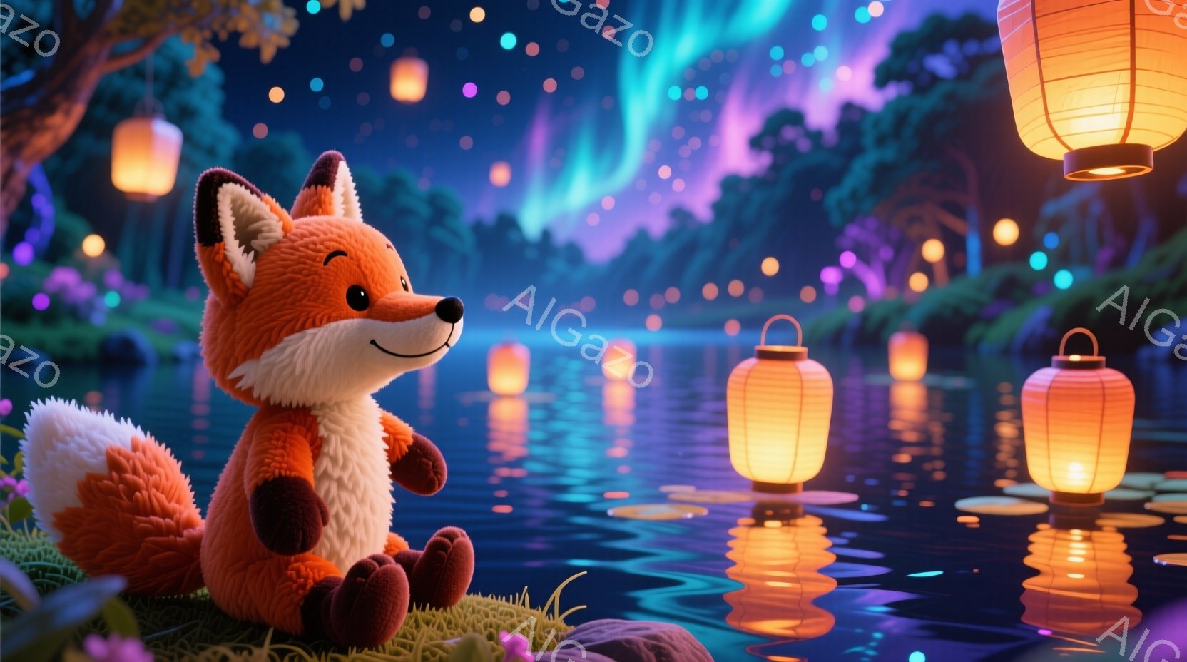 キャラクターは小さな赤いキツネコで、柔らかな表情をしており、手を膨れたように前に伸ばしている。彼は草の上に座っています。背景は夜空と星が照らす湖で、小さな祭りの蛍が水面に浮かんでいる。全体的に、平和で夢のような雰囲気があります。