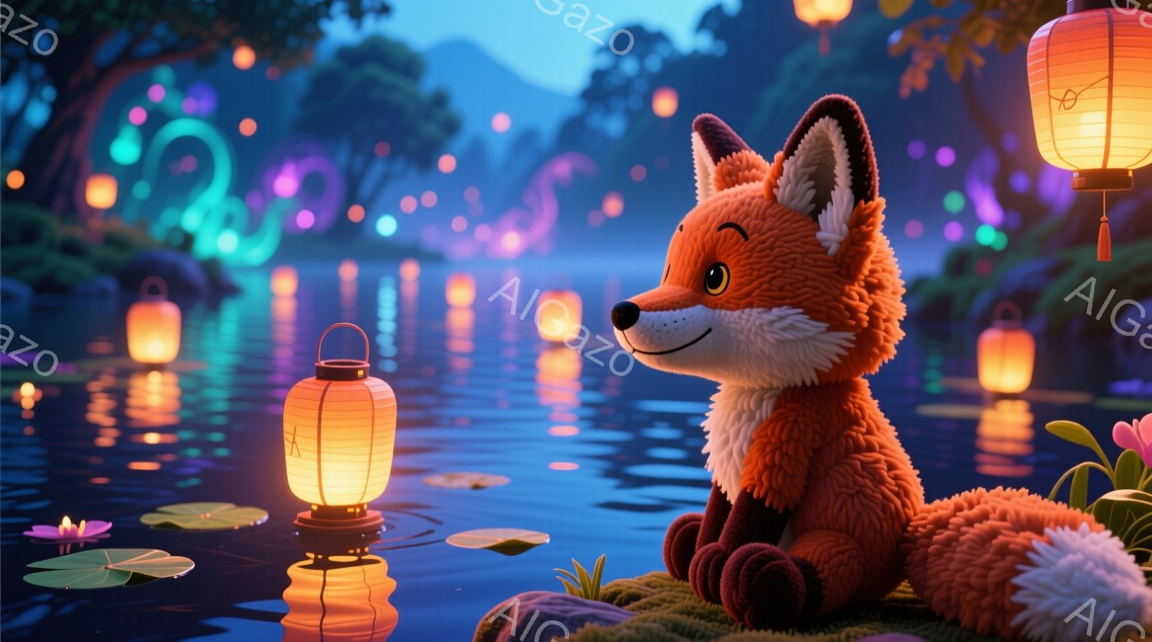 明るいオレンジ色のキツネが、水面に浮かぶ蓮の葉の上に座り、遠くを見つめています。背景には、水面に反射する提灯や光が点在し、幻想的な雰囲気を醸し出しています。夜空は暗く、水面は静かで穏やかで、まるで夢の中のような光景です。