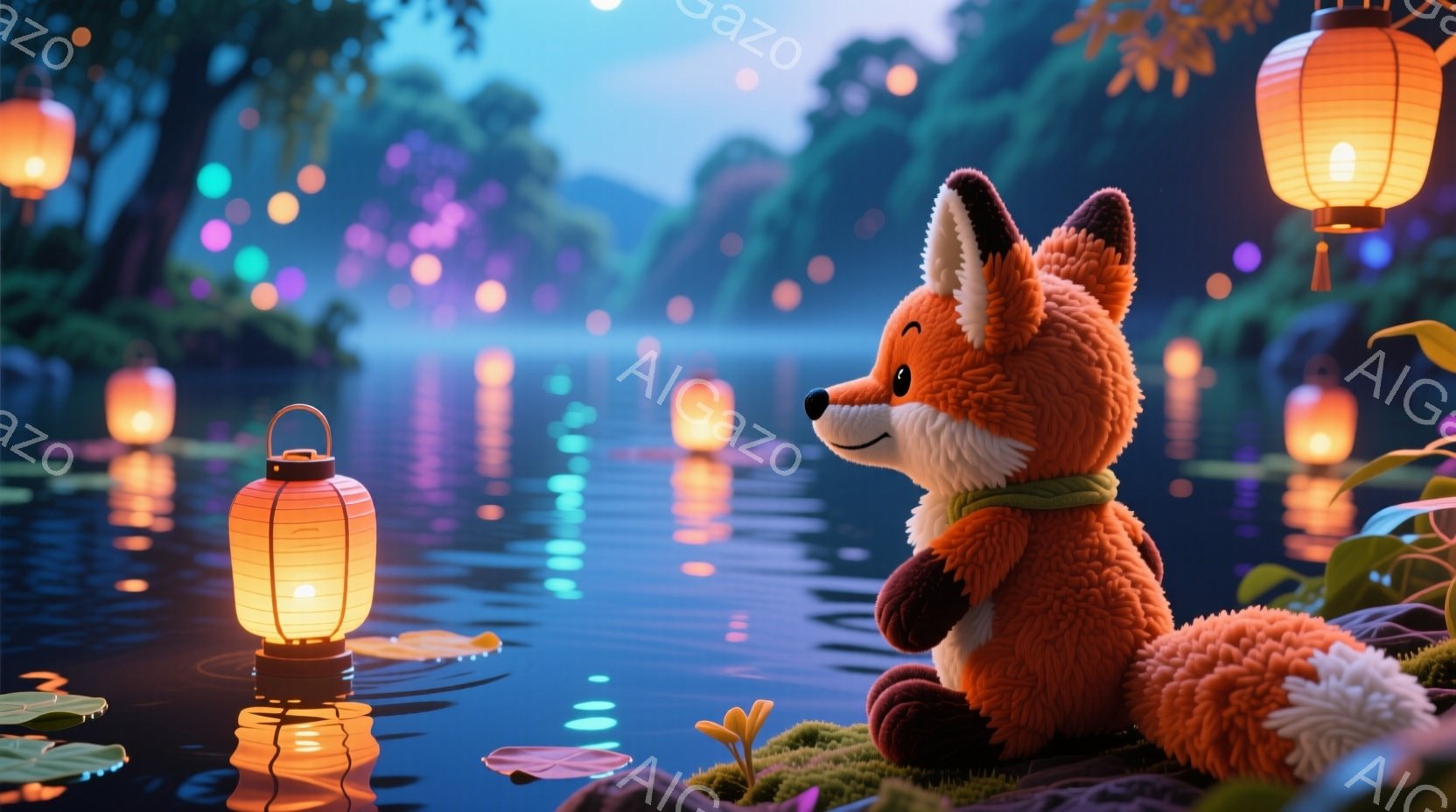明るいオレンジ色のキツネが、緑色の首輪をつけて岩の上に座っています。キツネは右を見つめ、穏やかな表情を浮かべています。背景には水面が輝き、様々な色の提灯が水面に反射し、幻想的な雰囲気を醸し出しています。