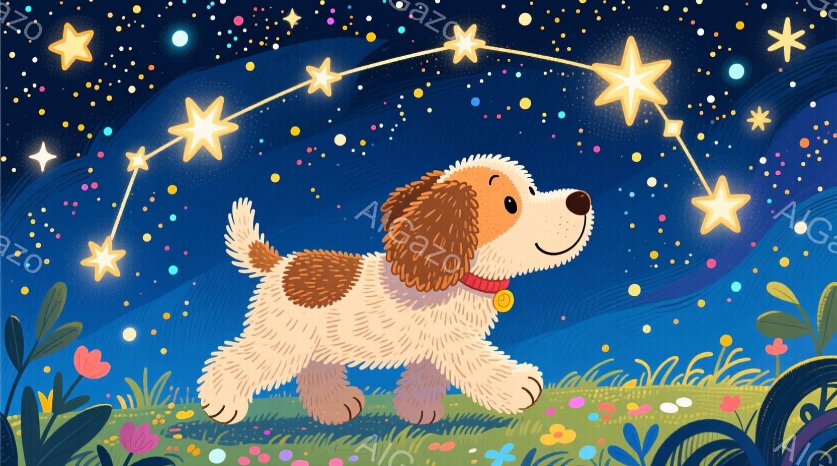 明るい青色の背景に、ふわふわのクリーム色の毛並みを持つ子犬が描かれています。子犬は赤い首輪をつけており、楽しそうに草の上を走り、顔には嬉しそうな表情が浮かんでいます。背景には星が輝き、緑の草や花が咲き誇り、子犬の周囲を明るく照らしています。