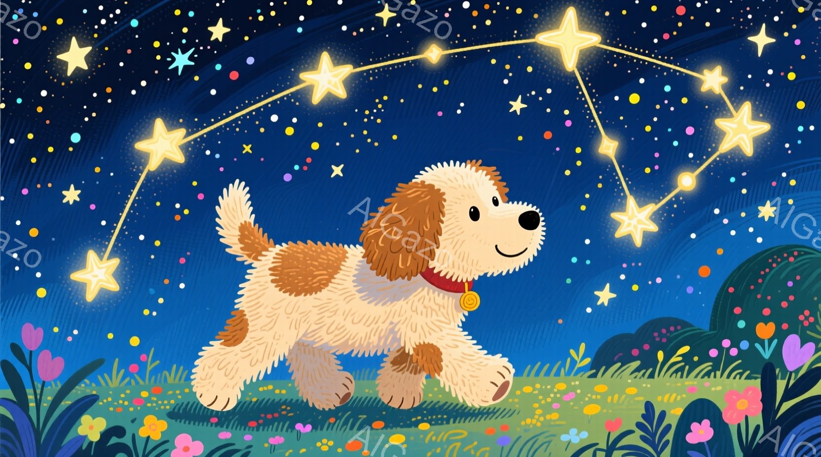 ふわふわのクリーム色の毛並みに赤褐色の斑点が入った子犬が、緑の草の上に立って歩いている様子が描かれています。首輪には金色のメダルがついており、顔には幸せそうな表情が浮かんでいます。背景は夜空をイメージした濃い青色で、様々な大きさの星が輝き、草むらには色とりどりの花が咲き乱れ、幻想的で温かい雰囲気を醸し出しています。