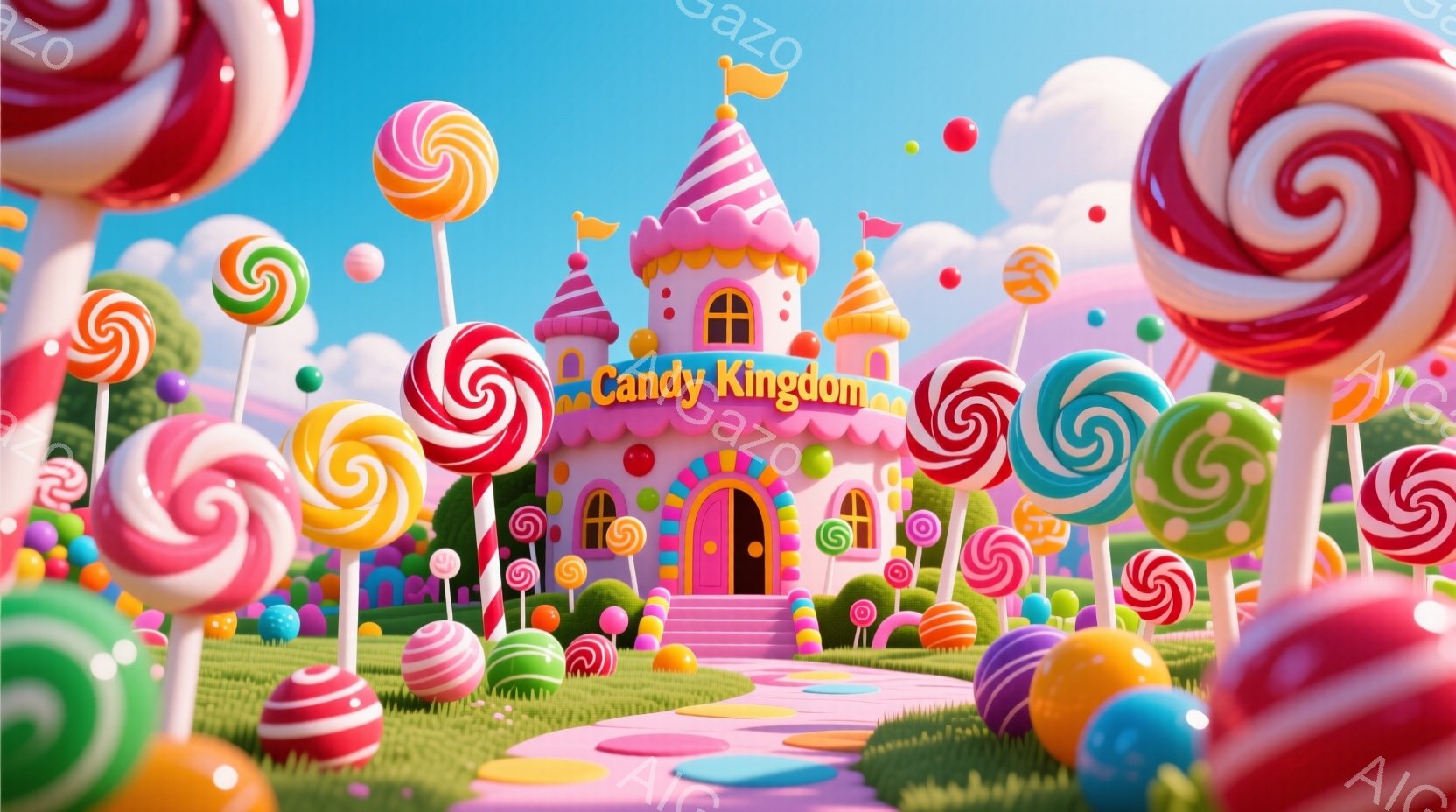 カラフルなキャンディの世界が広がっており、巨大なキャンディが至る所に生えています。ピンク色の可愛らしいお城が中央に位置し、緑の芝生と虹色の道が城へと続いています。全体的に明るく、甘くて夢のような雰囲気 - AI生成フリー素材