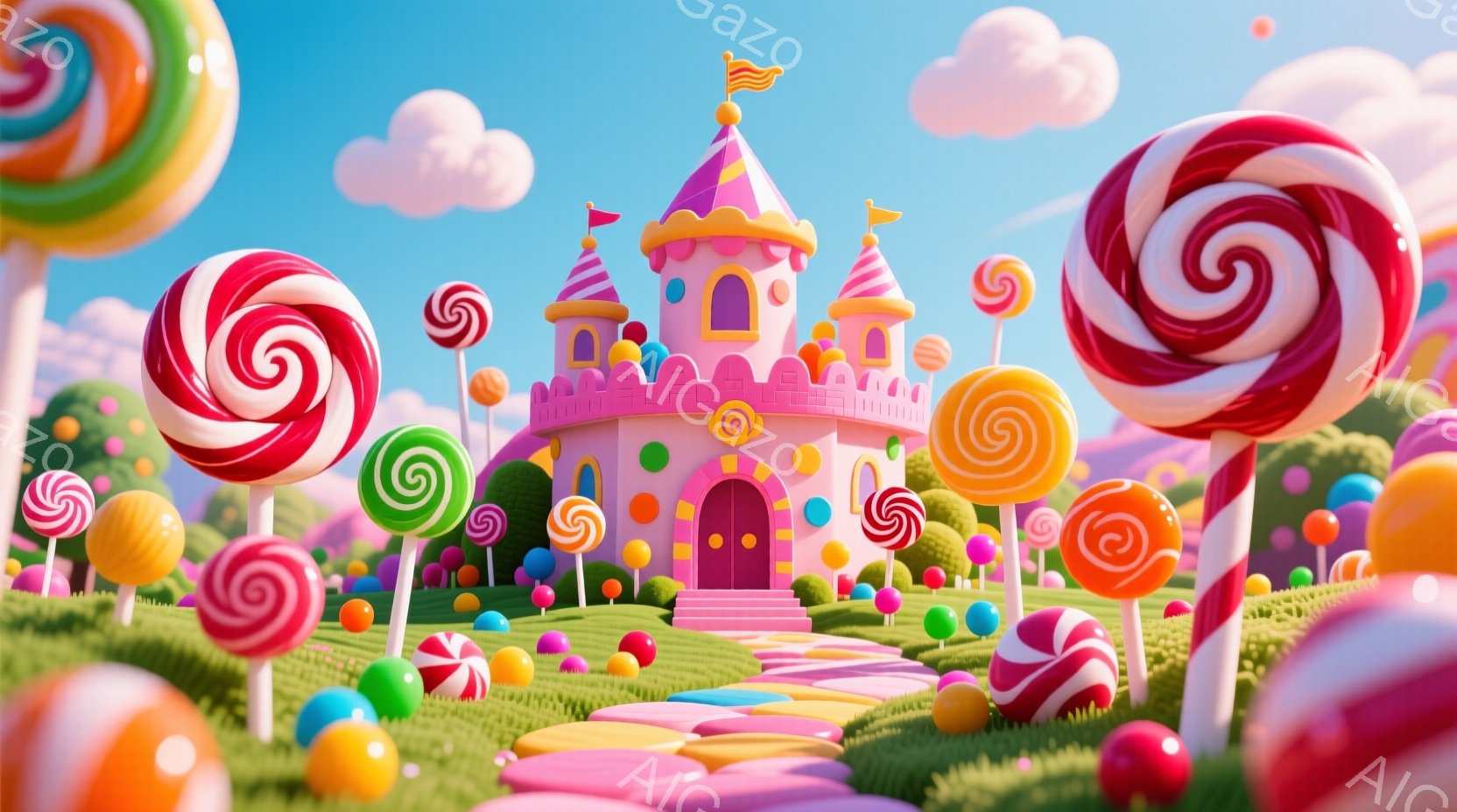 カラフルなキャンディーが並ぶ、夢のような風景が広がっています。ピンク色の可愛らしいお城が中央に位置し、緑の芝生の上をキャンディーの道が伸びています。空は晴れており、ふわふわの雲が浮かび、全体的に明るく - AI生成フリー素材