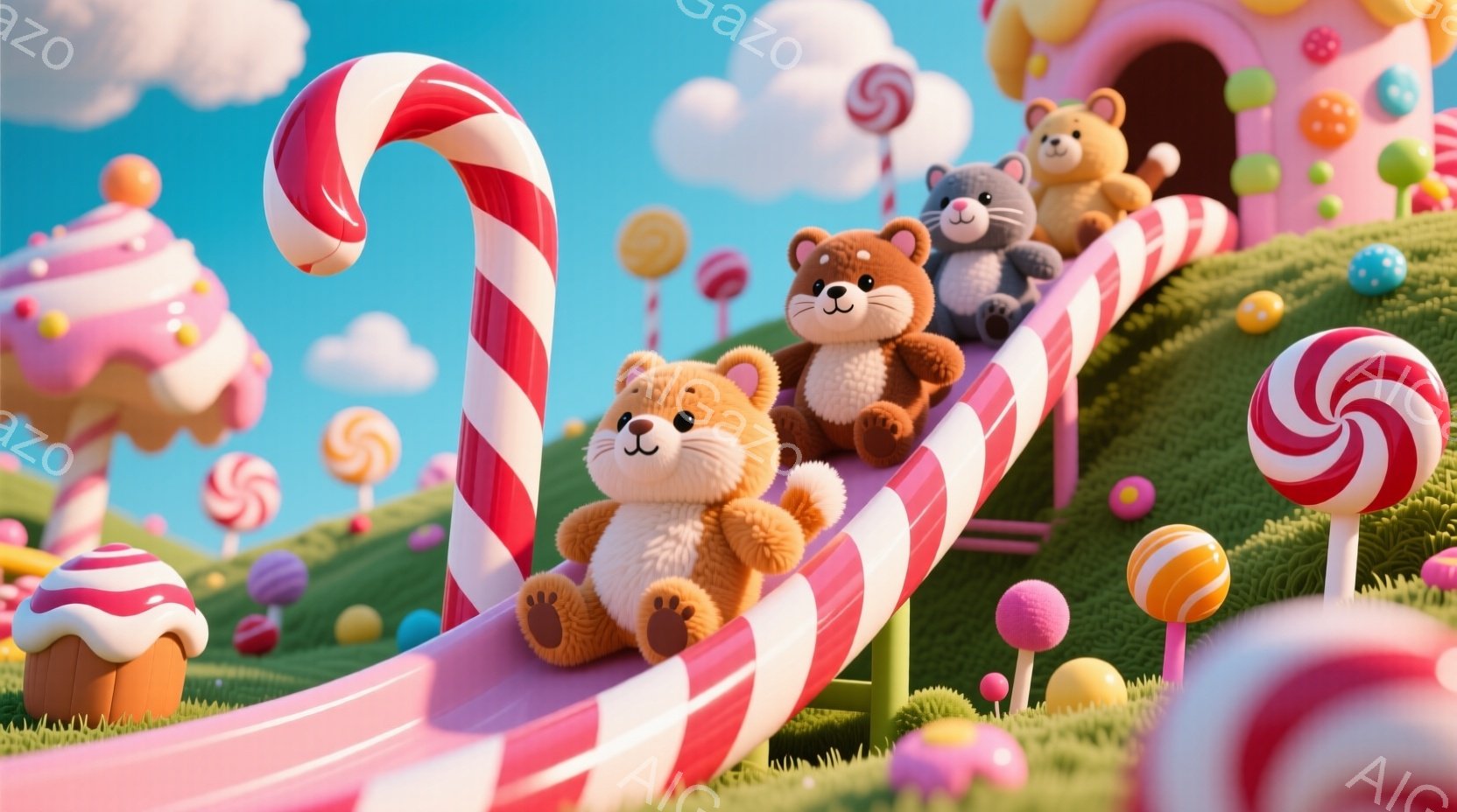 明るい緑の丘に、カラフルなキャンディのオブジェが点在するファンタジーの世界が広がっています。茶色と灰色の可愛らしいクマのぬいぐるみが、ピンク色のキャンディの滑り台を滑り降りており、楽しそうな表情をしています。背景には、クリームとスプリンクルで飾られたケーキのような建物が見え、晴れた空とふわふわの雲が、甘くて遊び心のある雰囲気を醸し出しています。