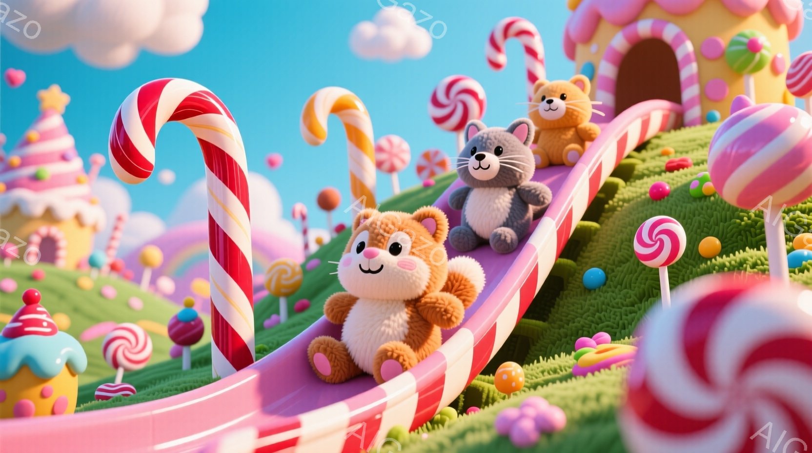 ふわふわのクマのぬいぐるみが、キャンディで作られた滑り台を滑り降りています。背景には、カラフルなキャンディの建物や、様々な甘いお菓子が咲き乱れる、夢のような世界が広がっています。晴れた空と緑の芝生が、このお菓子の国をさらに鮮やかに彩り、楽しい雰囲気を醸し出しています。