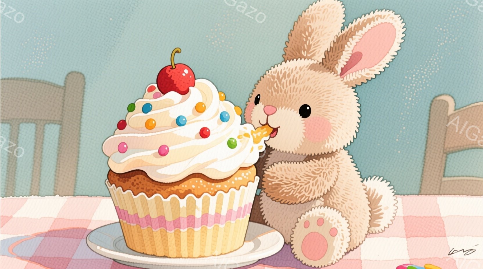 明るいピンク色のチェック柄のテーブルクロスの上に、大きなクリームとカラフルなスプリンクル、そして赤いチェリーが飾られたカップケーキが置かれています。ふわふわの茶色のうさぎが、片足を上げて、そのカップケーキを美味しそうに頬張ろうとしています。背景は淡い色調で、椅子がわずかに見え、全体的に温かく、可愛らしい雰囲気です。