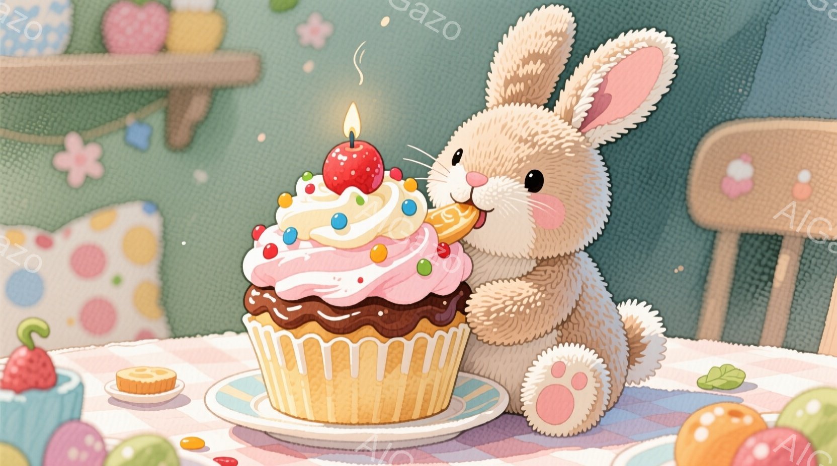ふわふわの毛並みを持つ子ウサギが、クリームとイチゴ、そして火のついたキャンドルが飾られた大きなカップケーキを見つめています。ウサギは片足を上げて好奇心と期待に満ちた表情で、まるで誕生日のお祝いを待っているかのようです。背景には、パステルカラーのテーブルクロス、他のデザート、そして可愛らしい装飾が施された部屋の一部がぼんやりと見え、温かく幸せな雰囲気を醸し出しています。