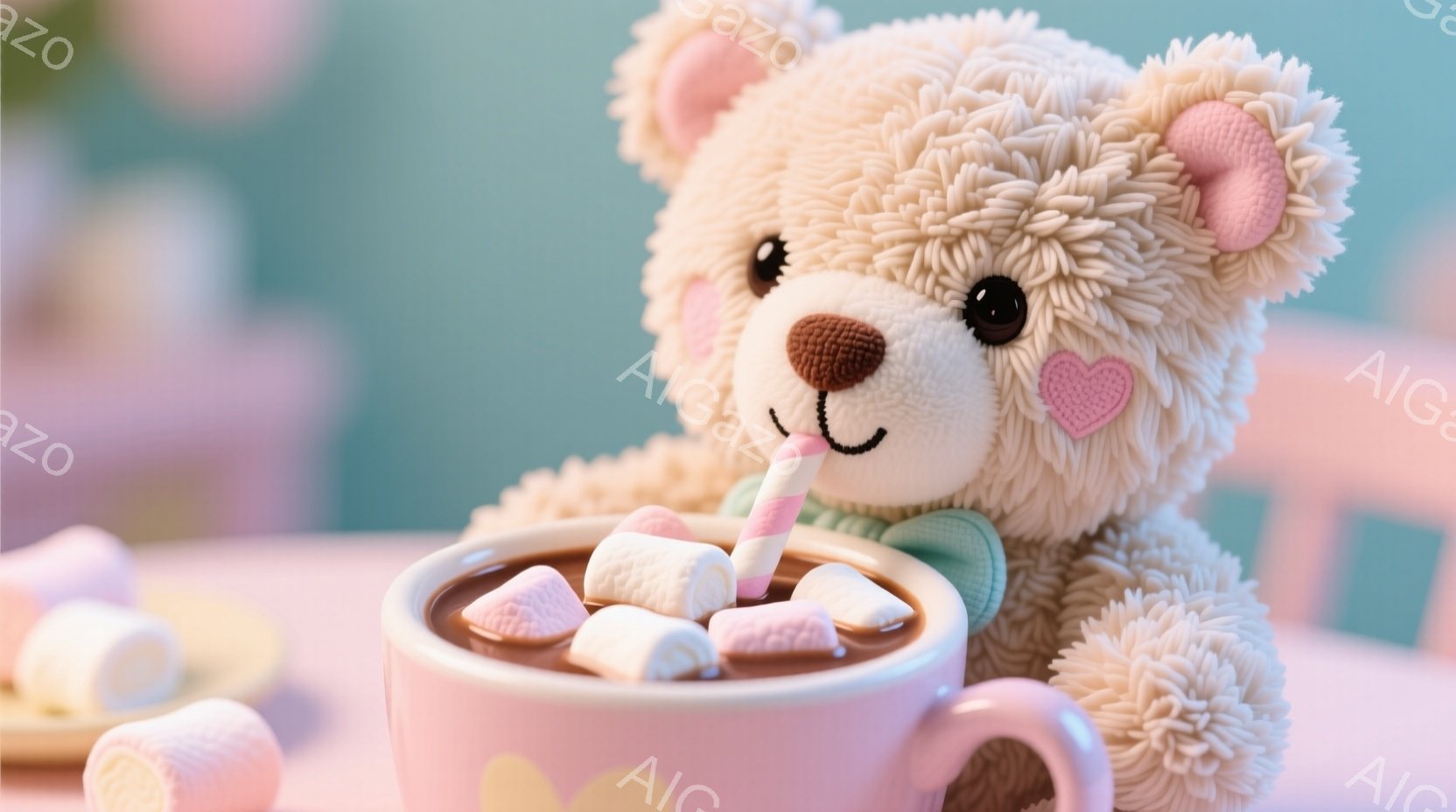 ふわふわのクリーム色のテディベアが、ホットココアを飲んでいます。ピンク色のマグカップから生えたストライプのストローで飲み、表情は幸せそうです。背景はパステルカラーで、マシュマロが添えられたお菓子が少し - AI生成フリー素材