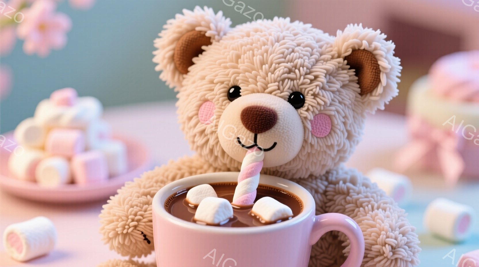 この、可愛らしいプラスチックのテディベアが描かれています。彼は眠りに落ちるような表情をしており、顔の周りに小さなレインボーストリップがついています。テディベアは手でコーヒーカップを挟んでおり、その中からチョコレートドリンクとキャンディが流れています。周囲にはピンク色の表面に上陸したパイナップルを模したスマートフォンが並べられています。整体として、夢や幻想のような落ち着きと可愛さが感じられる雰囲気を持っています。