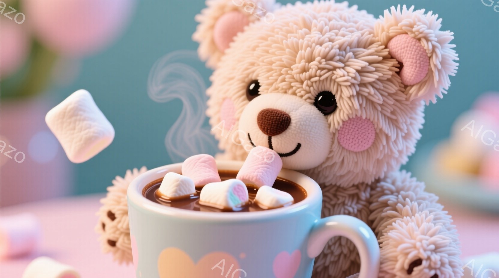 ふわふわのテディベアが、マシュマロが浮かぶホットチョコレートのマグカップに顔を突っ込んでいる様子が描かれています。背景はパステルカラーで、お菓子やケーキが置かれたテーブルがぼやけて見え、暖かく甘い雰囲気を醸し出しています。ベアはピンクの耳と幸せそうな笑顔を持ち、至福のひとときを表現しています。