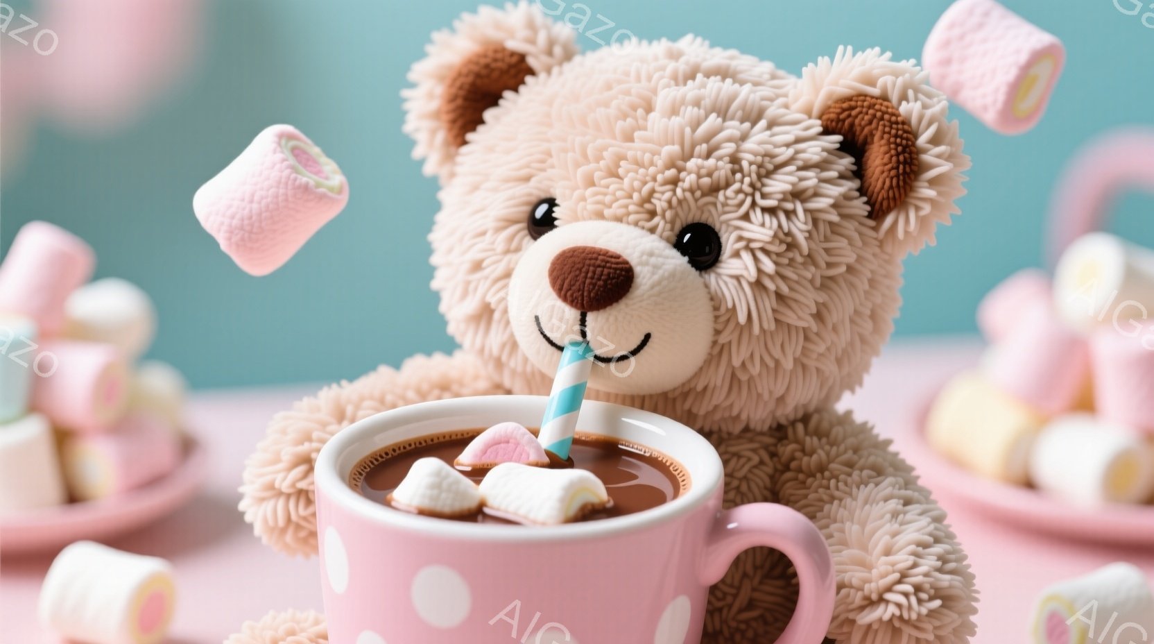 ふわふわの茶色のテディベアが、ピンク色の水玉模様のカップの中に座っています。カップにはココアのような飲み物とマシュマロが浮かんでおり、ストローを使って飲んでいるようです。背景には、浮かんだマシュマロとピンク色の皿が置かれ、全体的に甘くて可愛らしい雰囲気が漂っています。