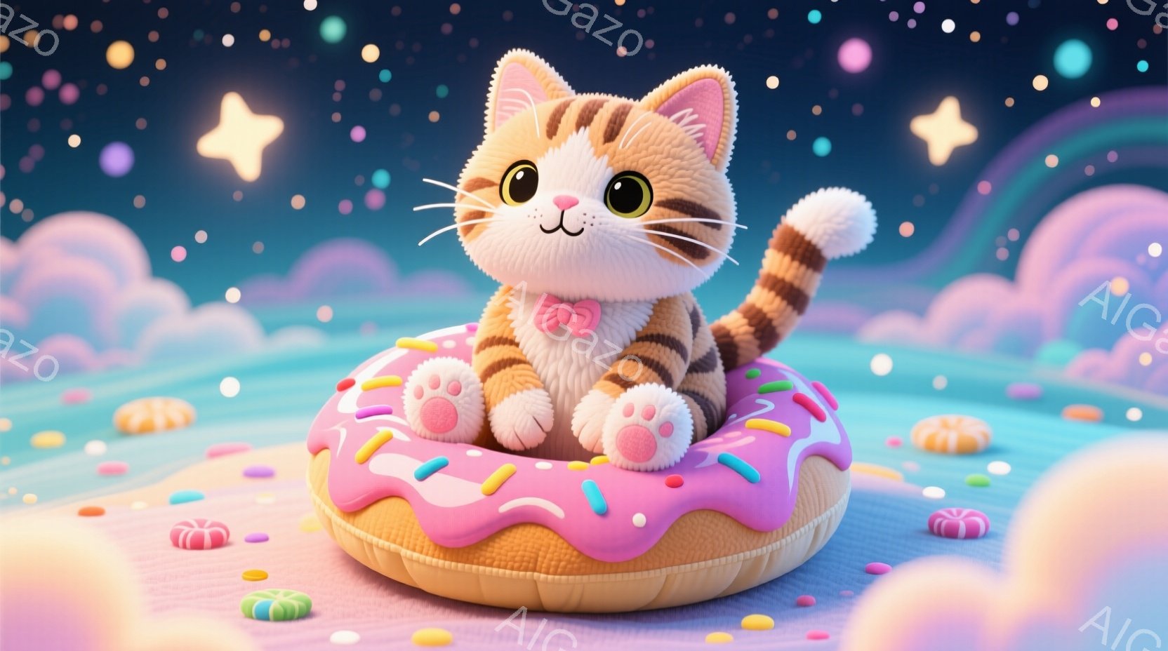 縞模様の猫が、ピンク色のアイシングとカラフルなスプリンクルで飾られたドーナツの上に座っています。猫は赤いリボンを首につけ、丸いピンク色のドーナツの上で腕を組んで、幸せそうに微笑んでいます。背景は淡い青色の空とふわふわの雲、そして散りばめられたキャンディーと星で、夢のような甘い雰囲気を醸し出しています。
